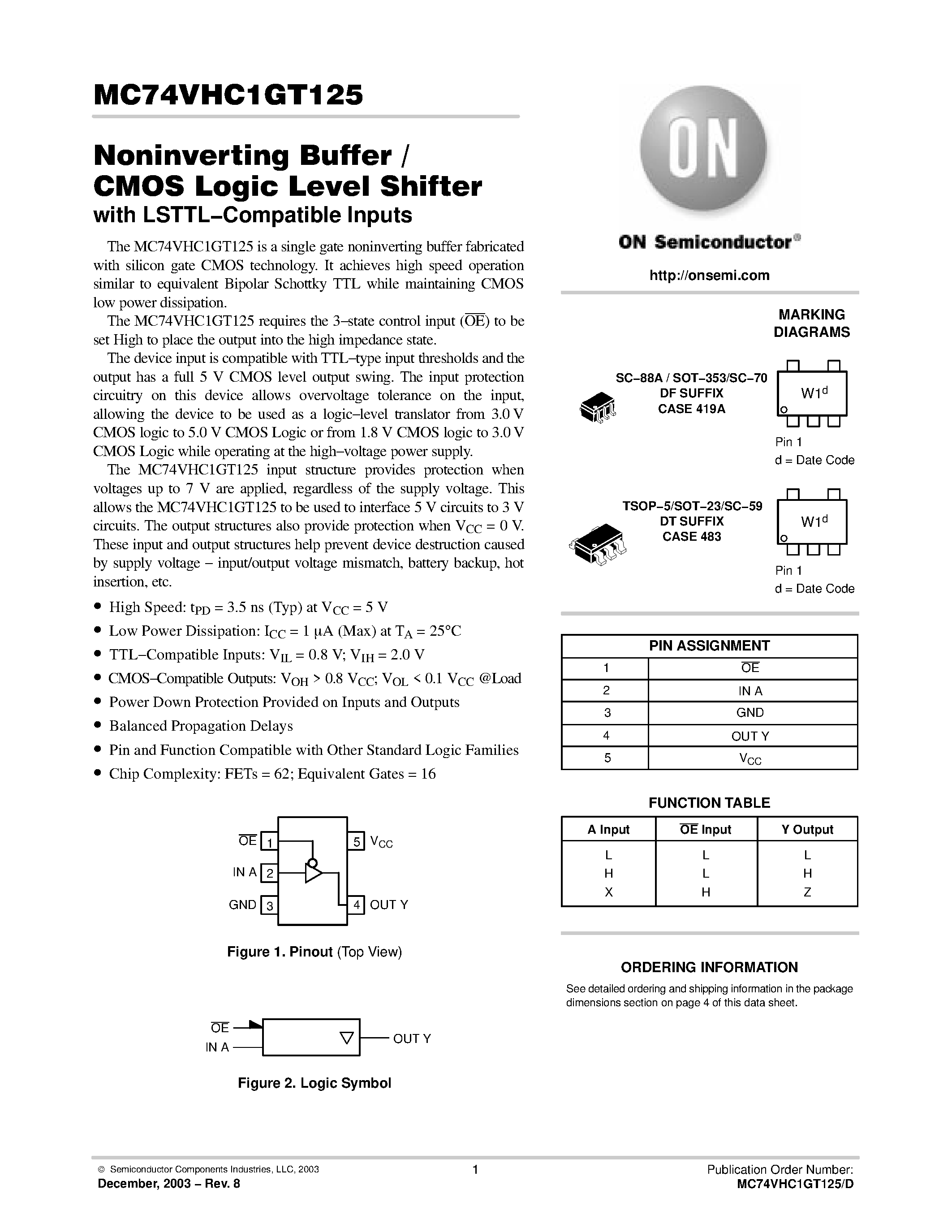 Даташит MC74VHC1GT125 - Noninverting Buffer / CMOS Logic Level Shifter страница 1