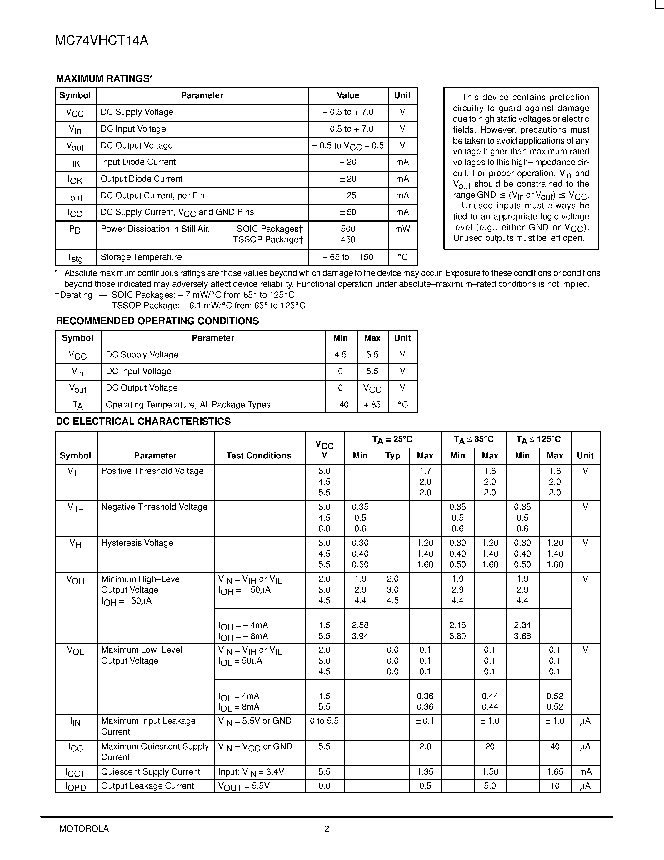 Datasheet MC74VHCT14A - Hex Schmitt Inverter page 2