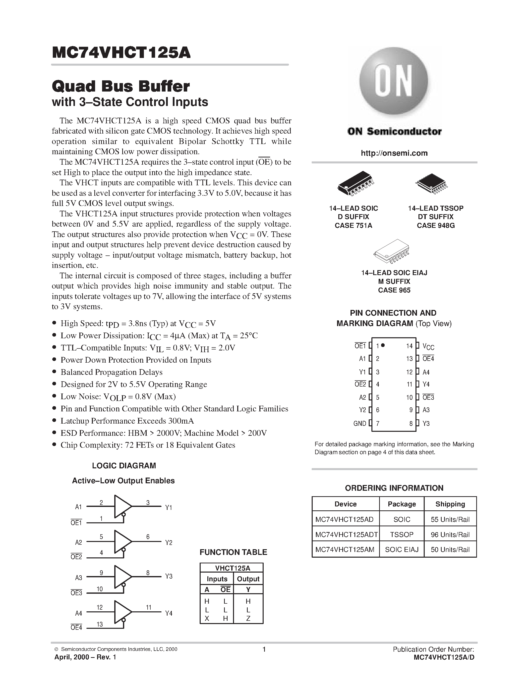 Datasheet MC74VHCT125A - Quad Bus Buffer page 1