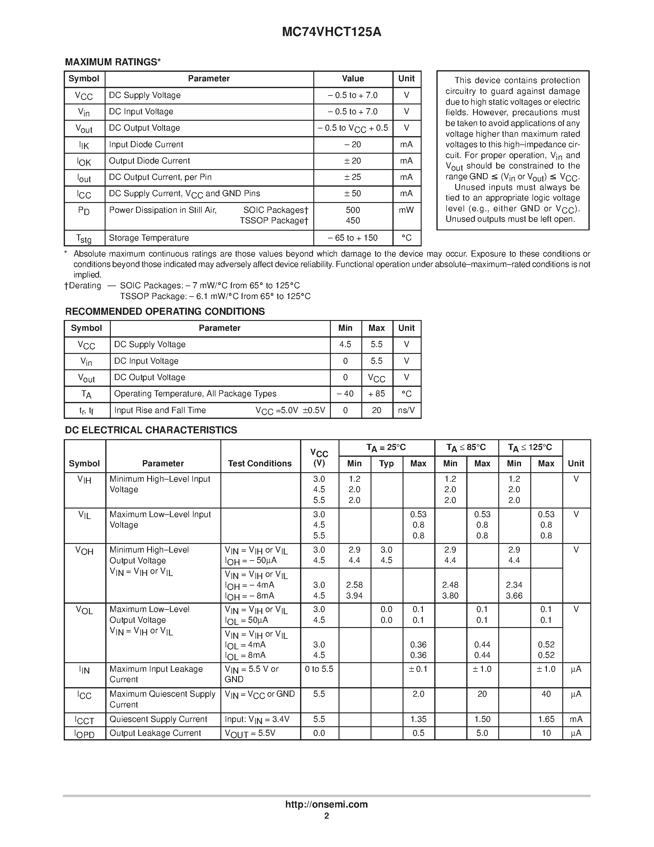 Datasheet MC74VHCT125A - Quad Bus Buffer page 2