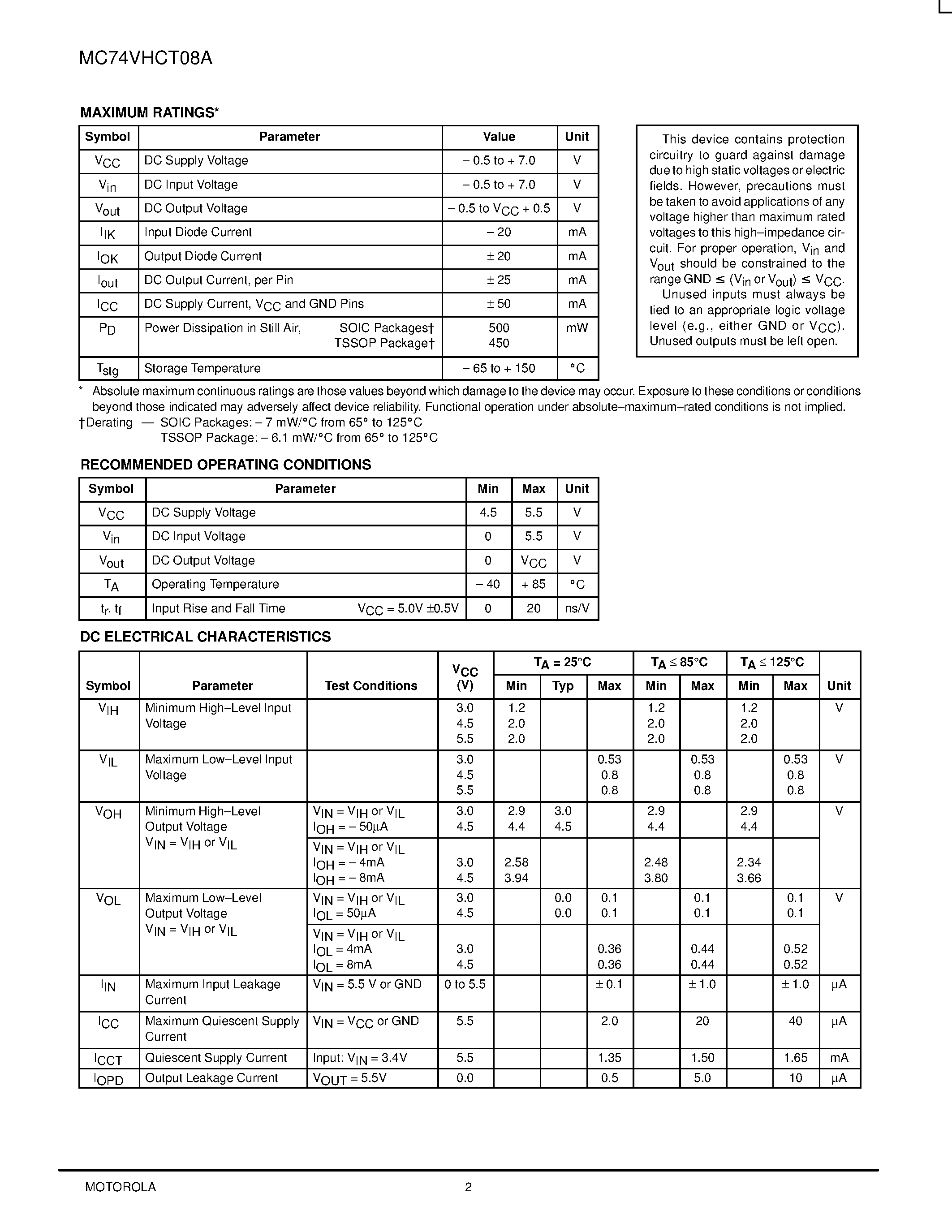 Datasheet MC74VHCT08A - Quad 2-Input AND Gate page 2