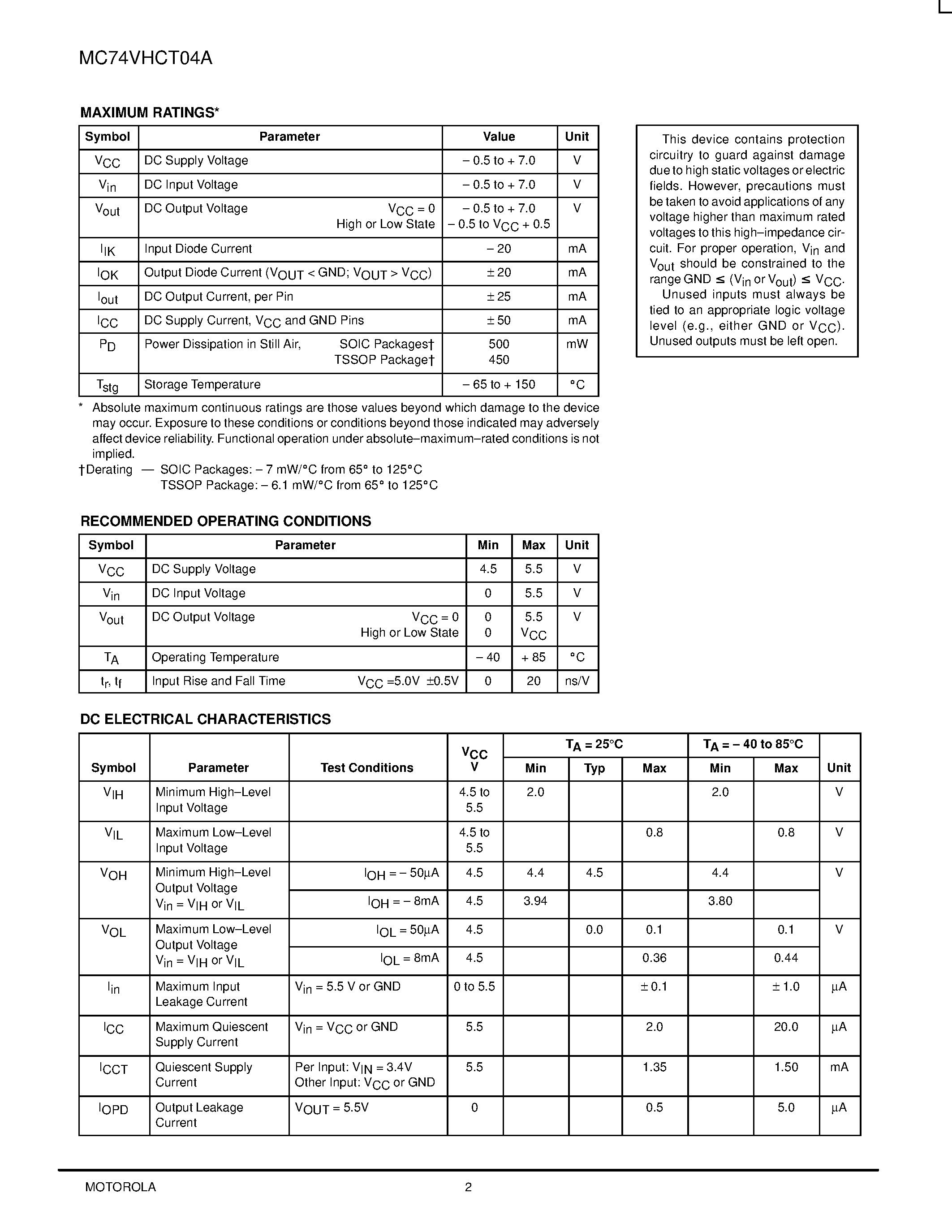 Datasheet MC74VHCT04A - Hex Inverter page 2