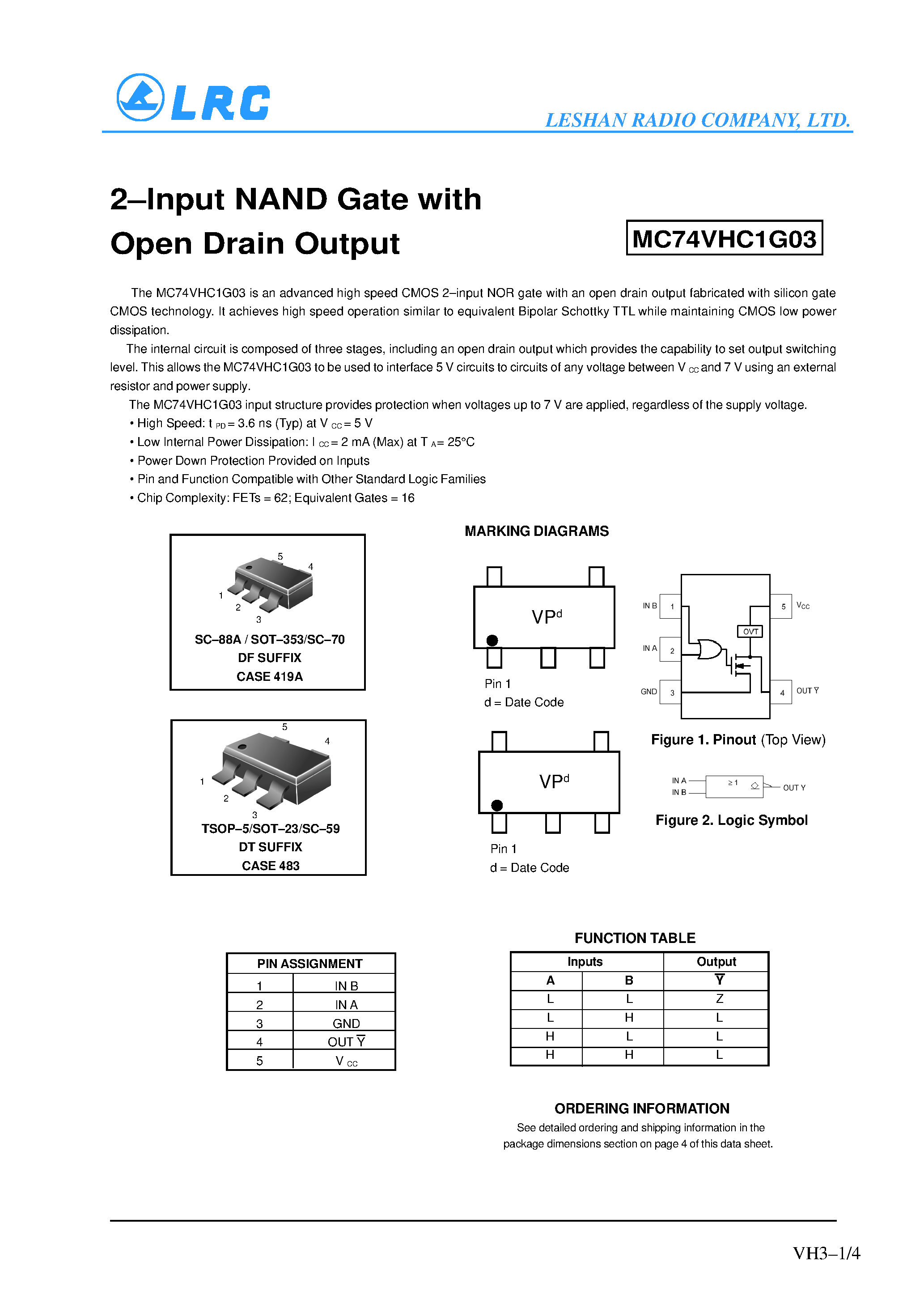 Даташит MC74VHCG03 - 2-Input NAND Gate with Open Drain Output страница 1