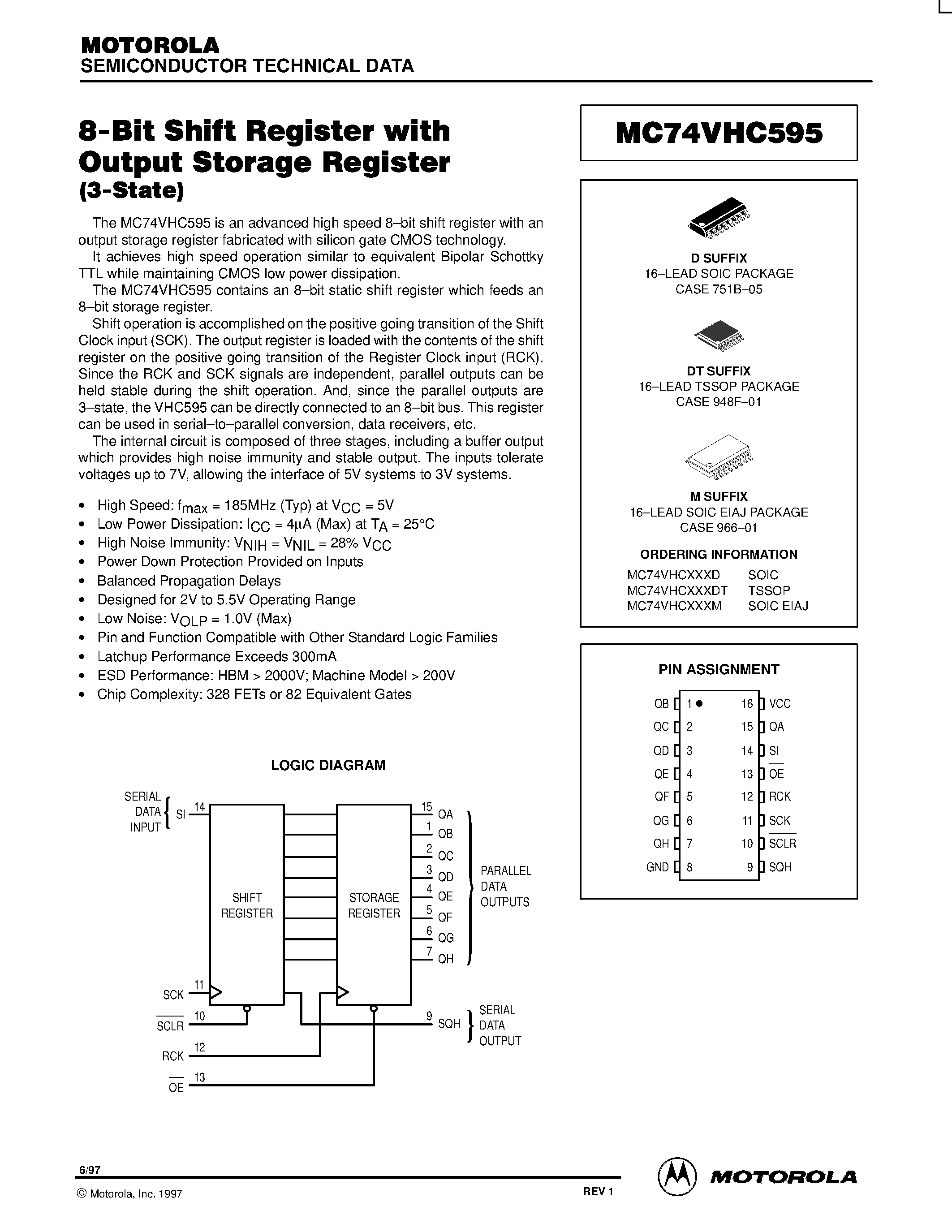 Даташит MC74VHC595 - 8-Bit Shift Register with Output Storage Register страница 1