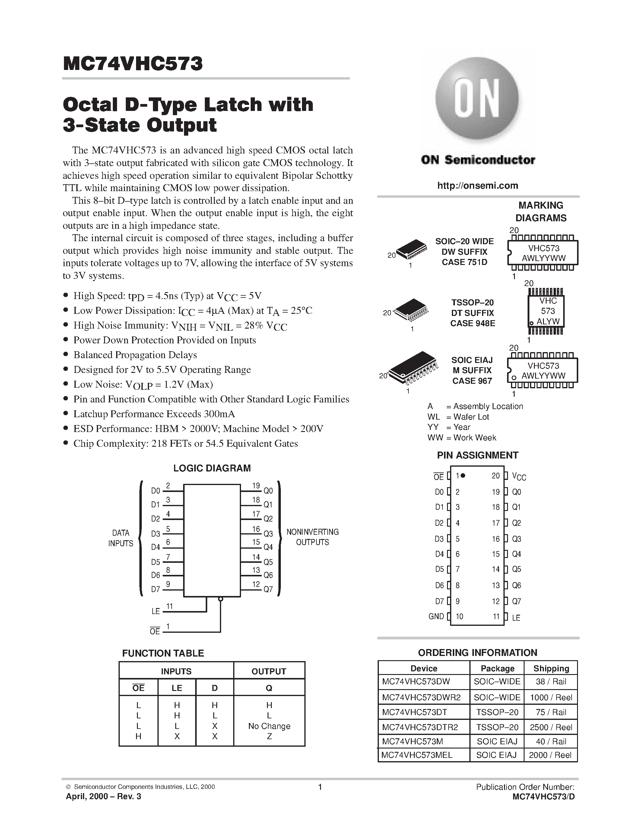 Даташит MC74VHC573 - Octal D-Type Latch with 3-State Output страница 1