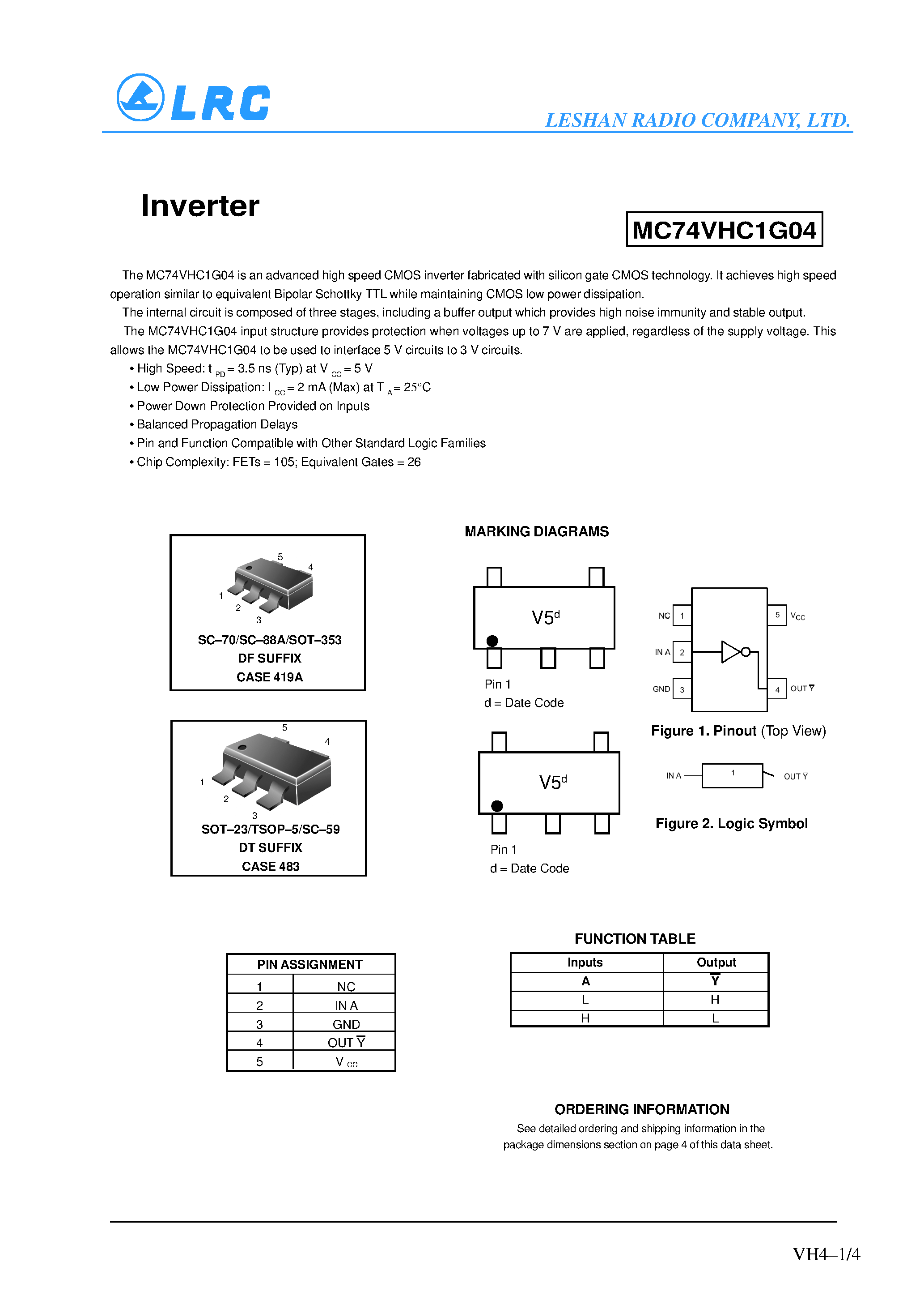 Даташит MC74VHC1G04 - Inverter страница 1