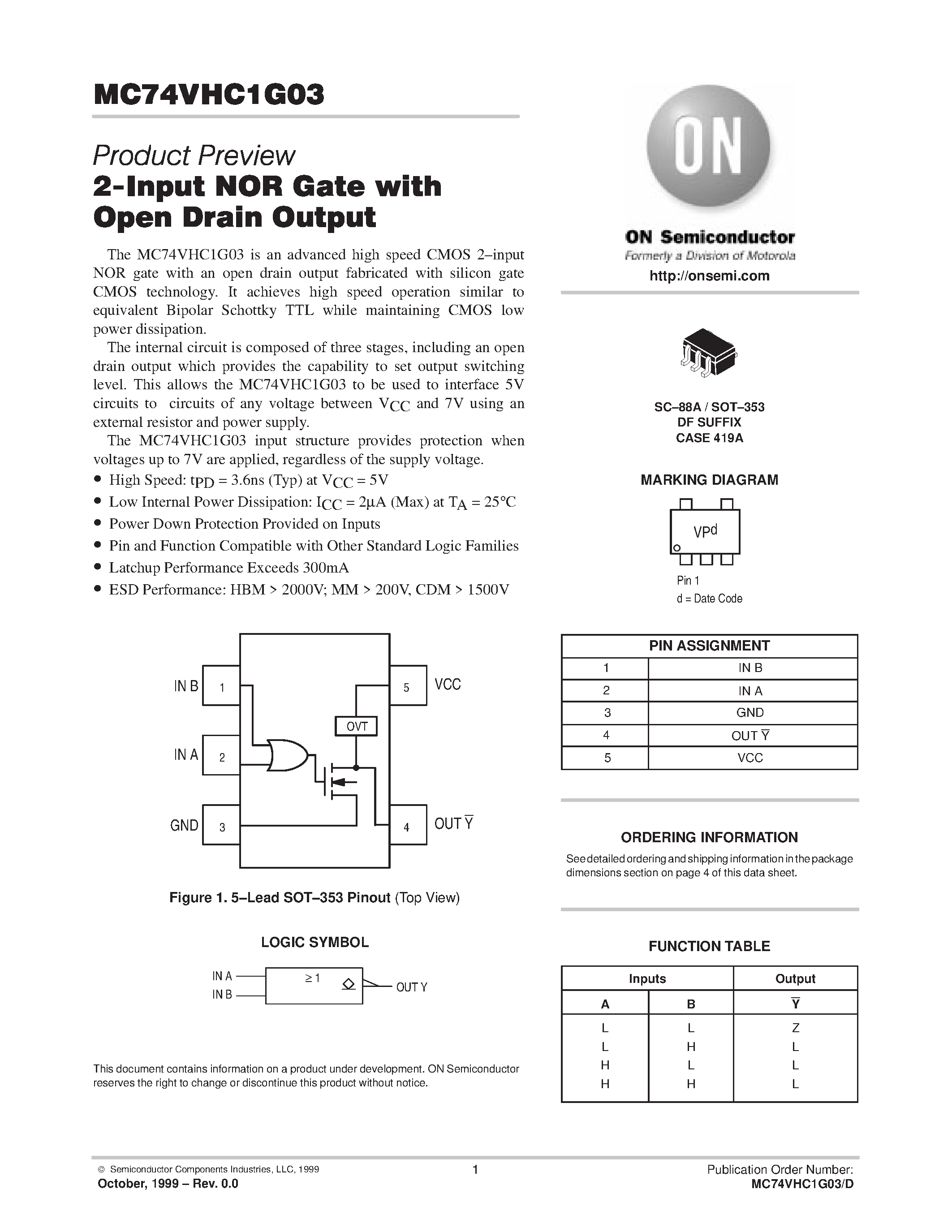 Даташит MC74VHC1G03 - 2-Input NOR Gate with Open Drain Output страница 1