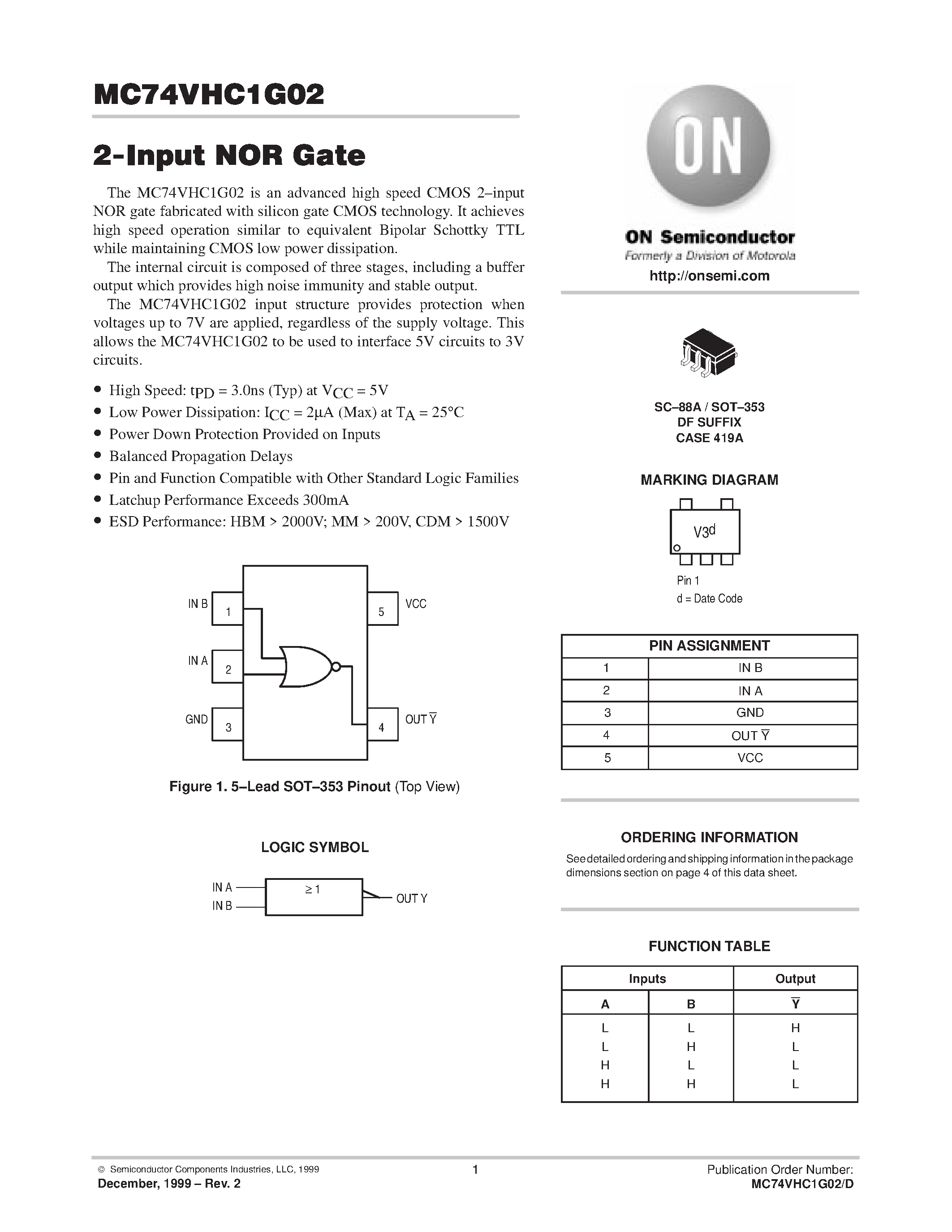 Даташит MC74VHC1G02 - 2-Input NOR Gate страница 1