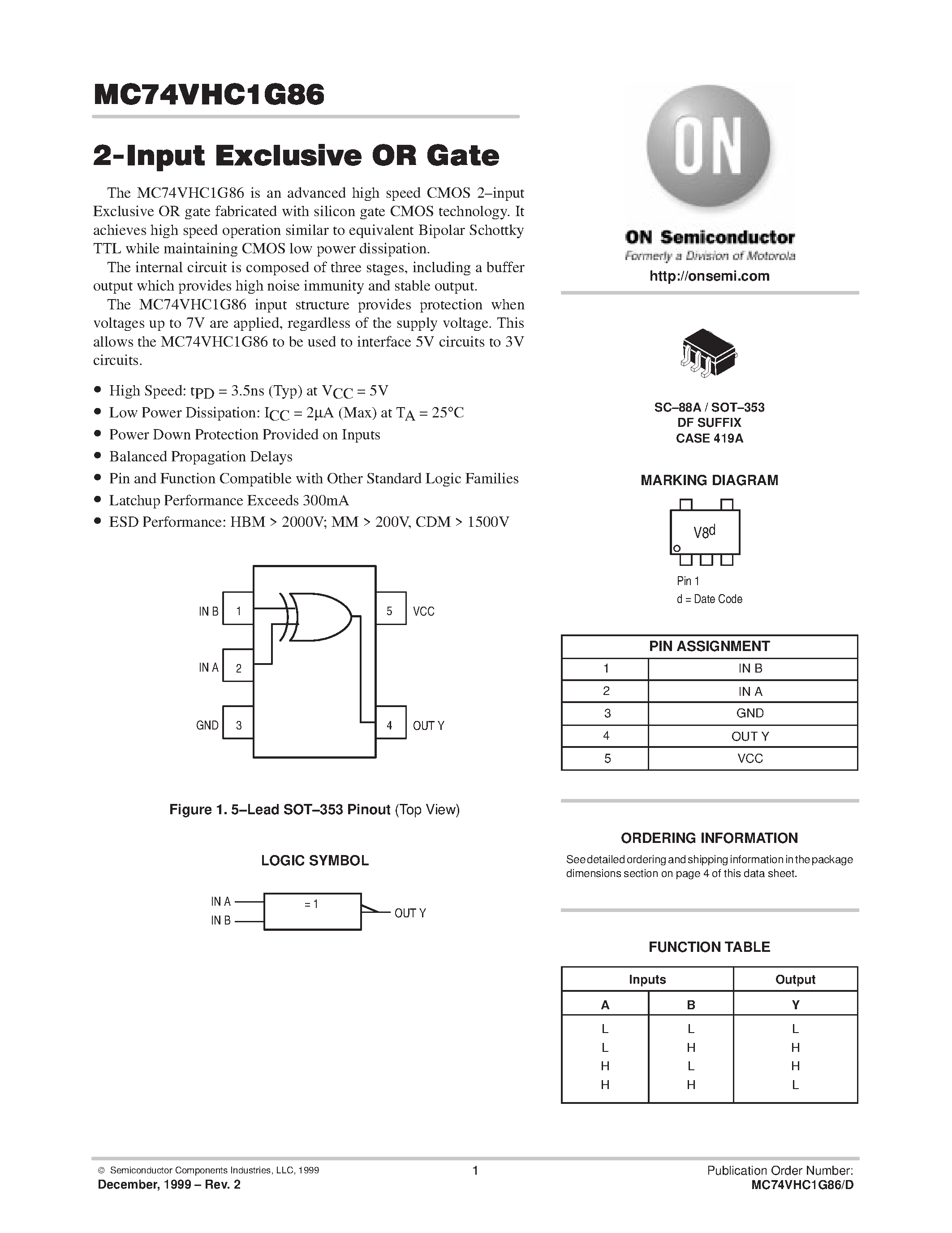 Даташит MC74VHC1G86 - 2-Input Exclusive OR Gate страница 1