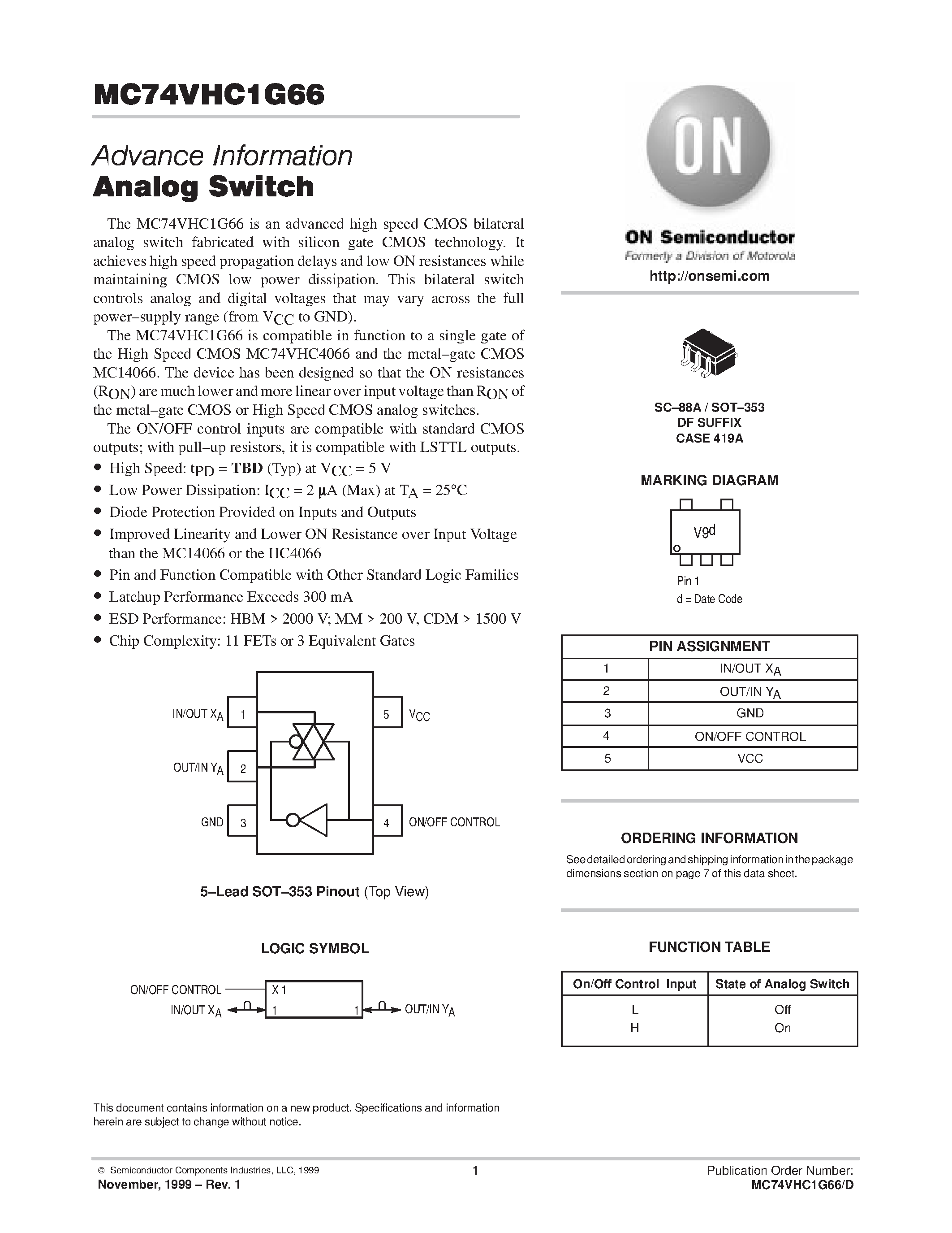 Даташит MC74VHC1G66 - Analog Switch страница 1