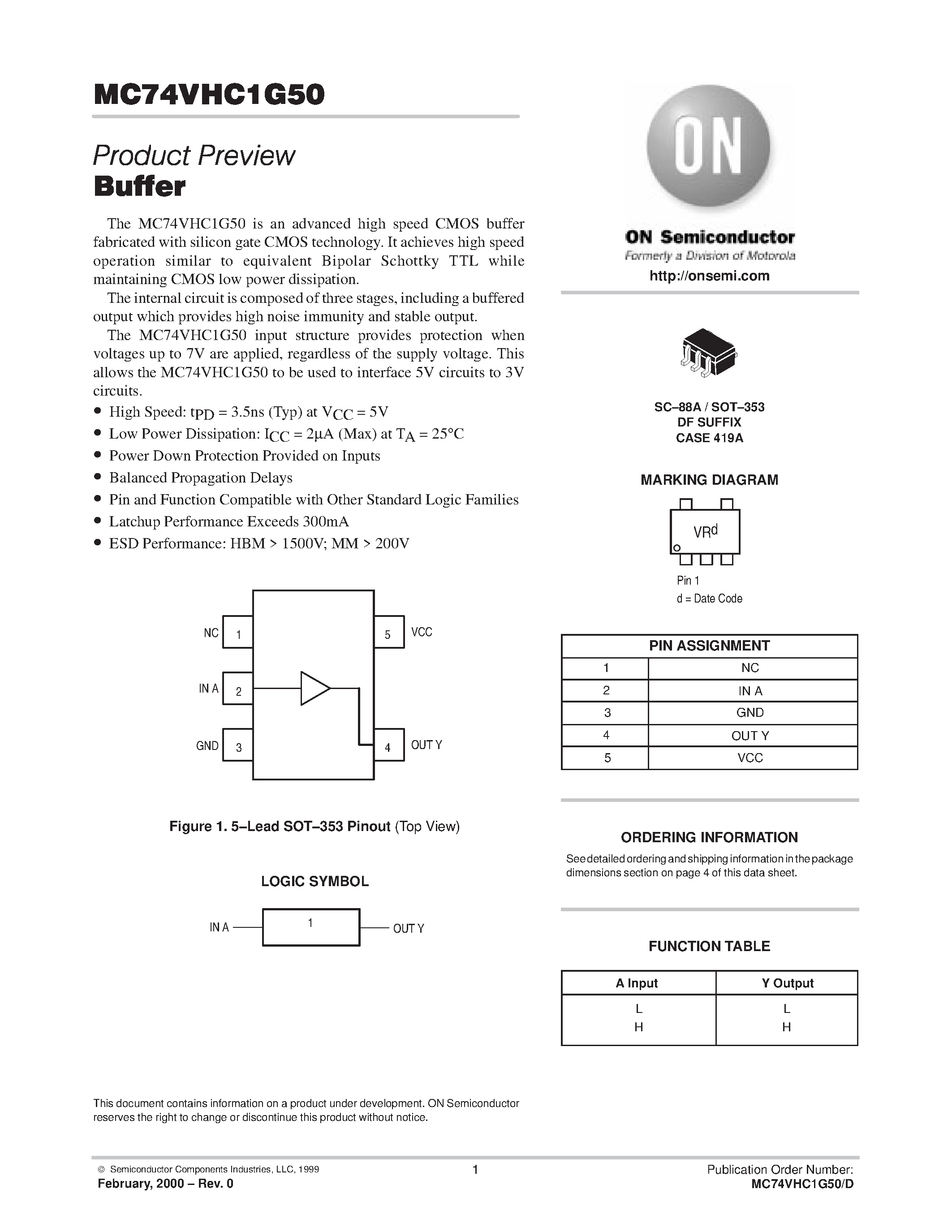 Даташит MC74VHC1G50 - Buffer страница 1