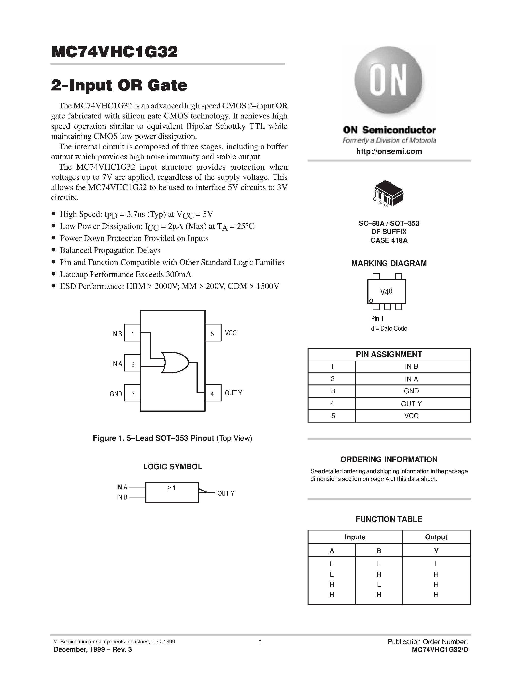 Даташит MC74VHC1G32 - 2-Input OR Gate страница 1