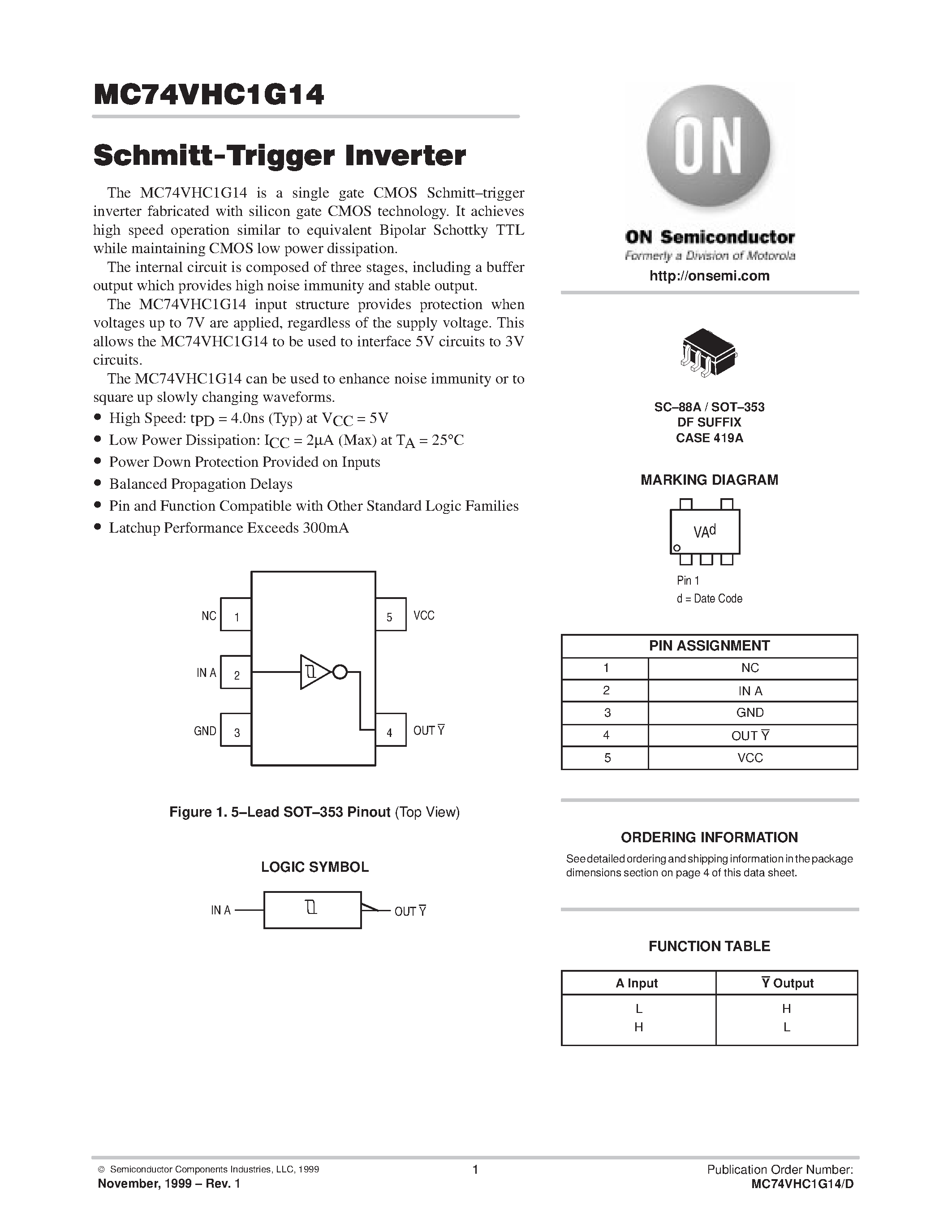 Даташит MC74VHC1G14 - Schmitt-Trigger Inverter страница 1