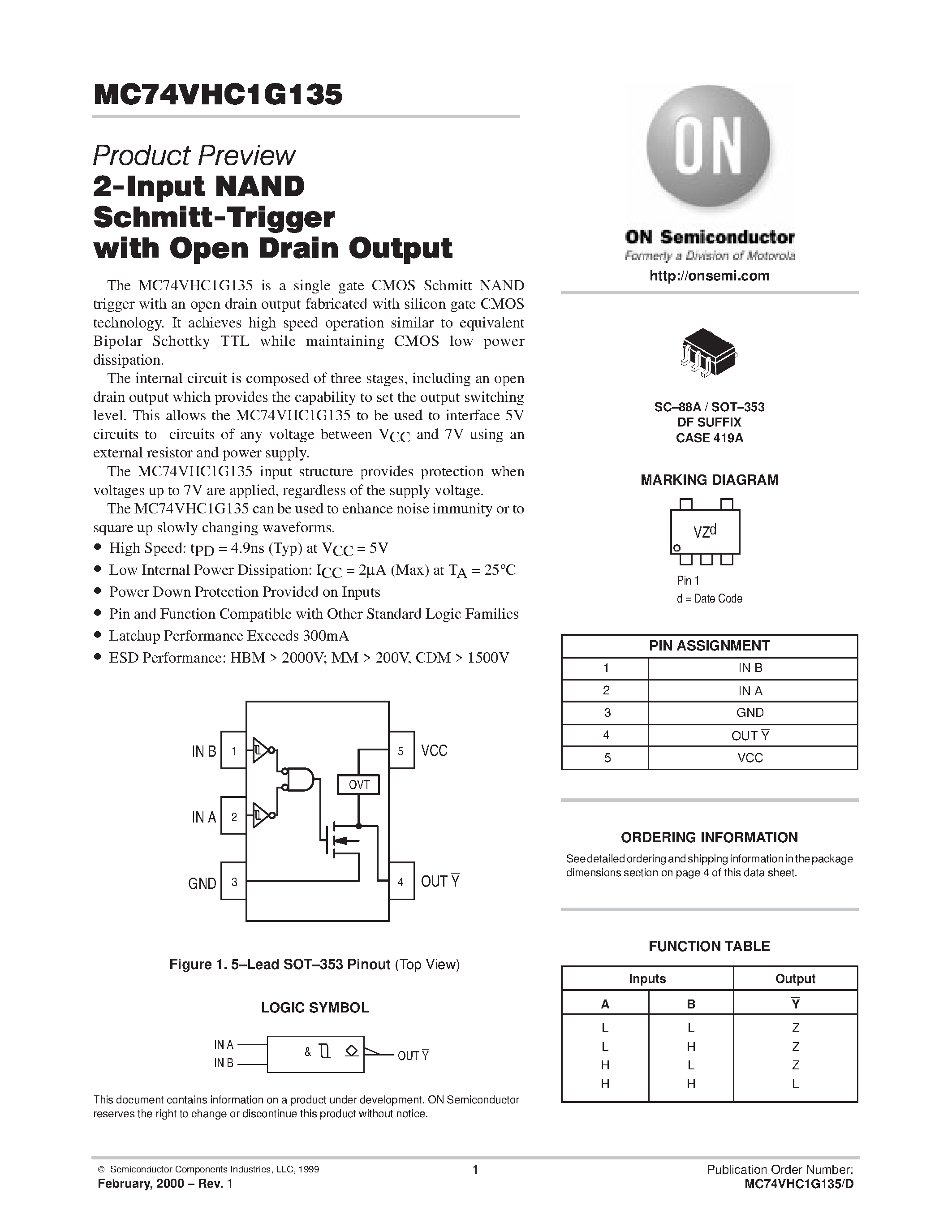 Даташит MC74VHC1G135 - 2-Input NAND Schmitt-Trigger with Open Drain Output страница 1