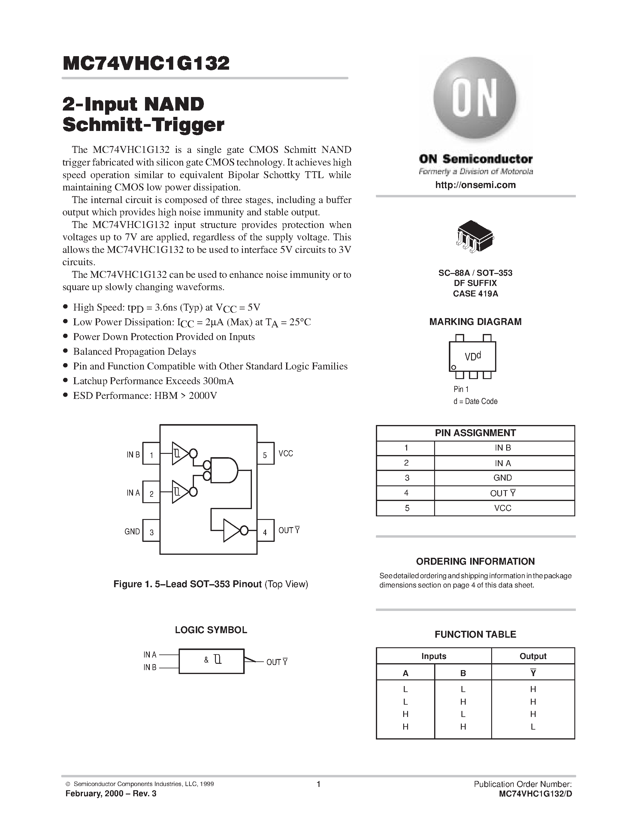 Даташит MC74VHC1G132 - 2-Input NAND Schmitt-Trigger страница 1