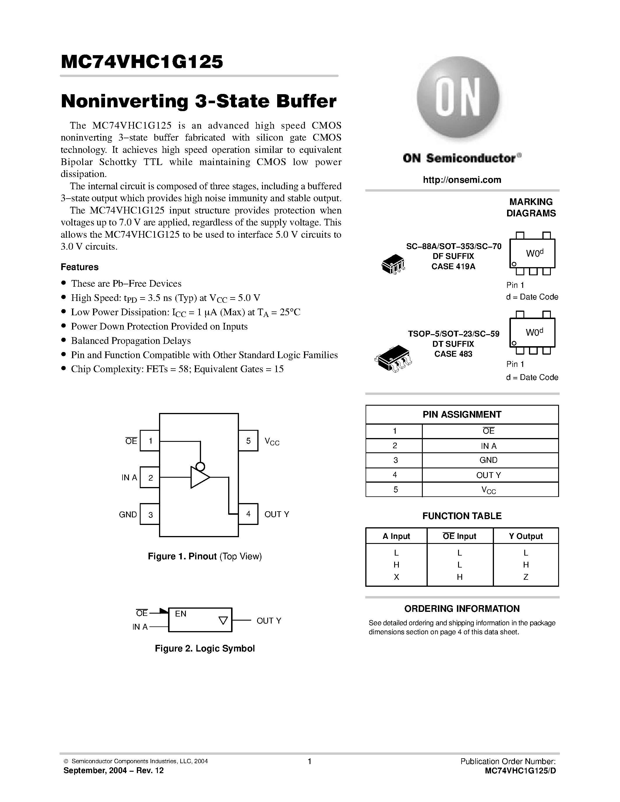 Даташит MC74VHC1G125 - Noninverting 3-State Buffer страница 1