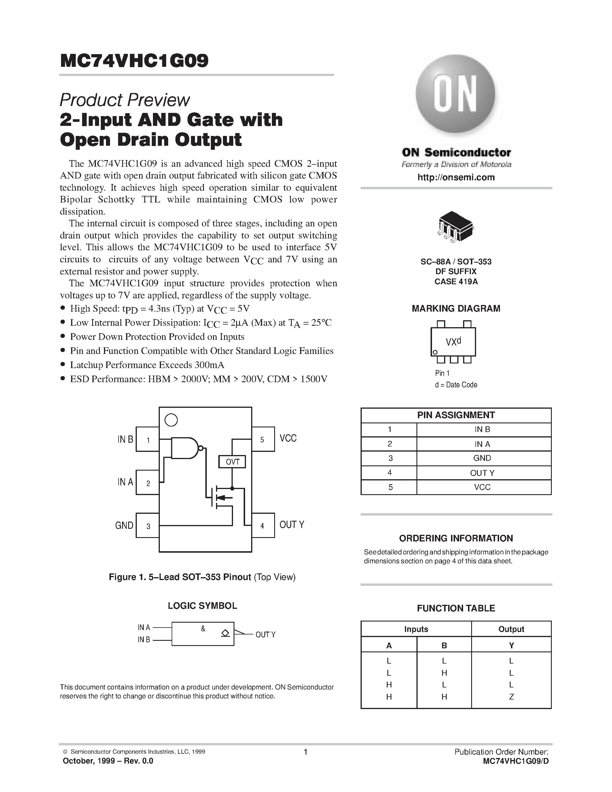 Даташит MC74VHC1G09 - 2-Input AND Gate with Open Drain Output страница 1