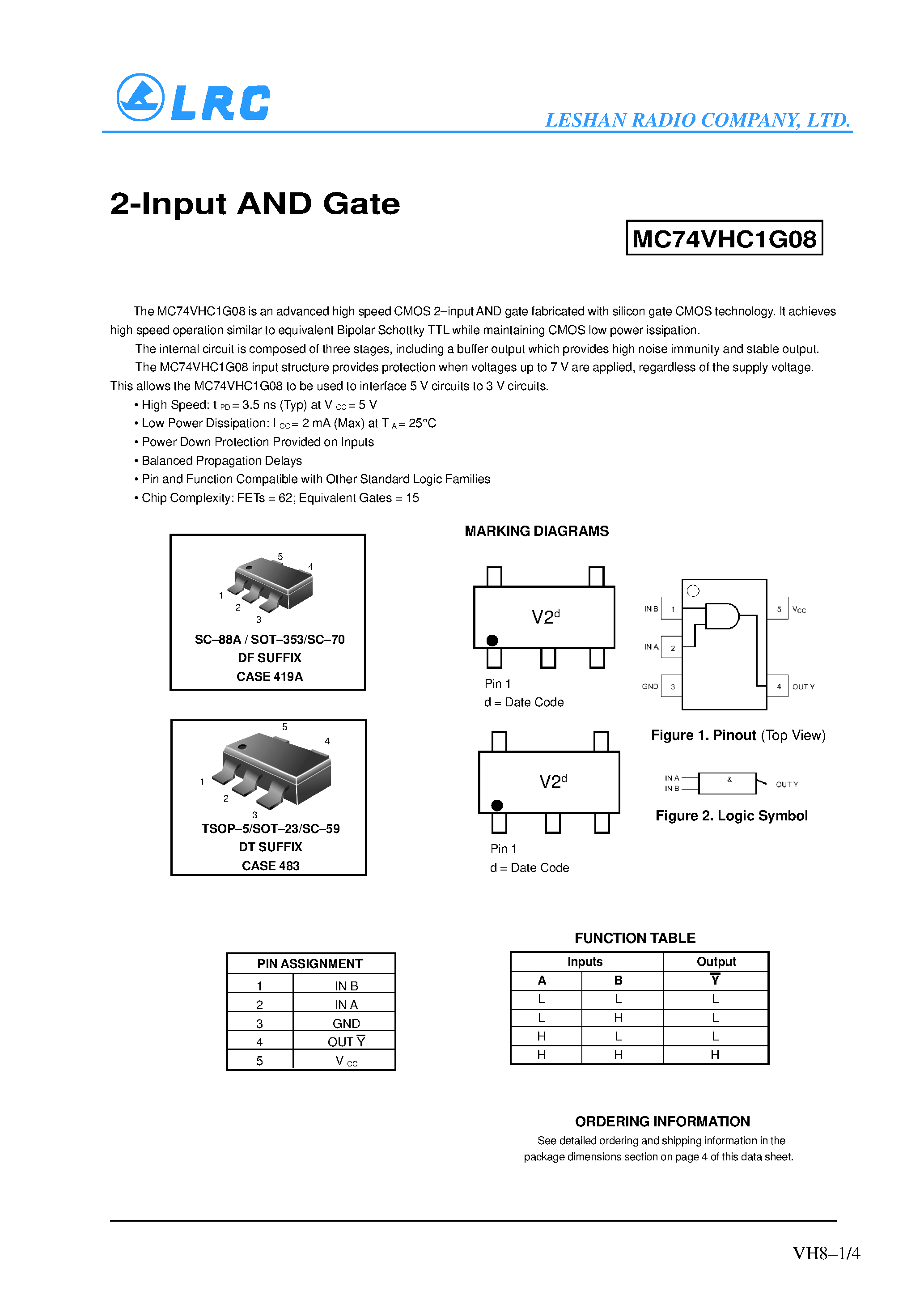 Даташит MC74VHC1G08 - 2-Input AND Gate страница 1