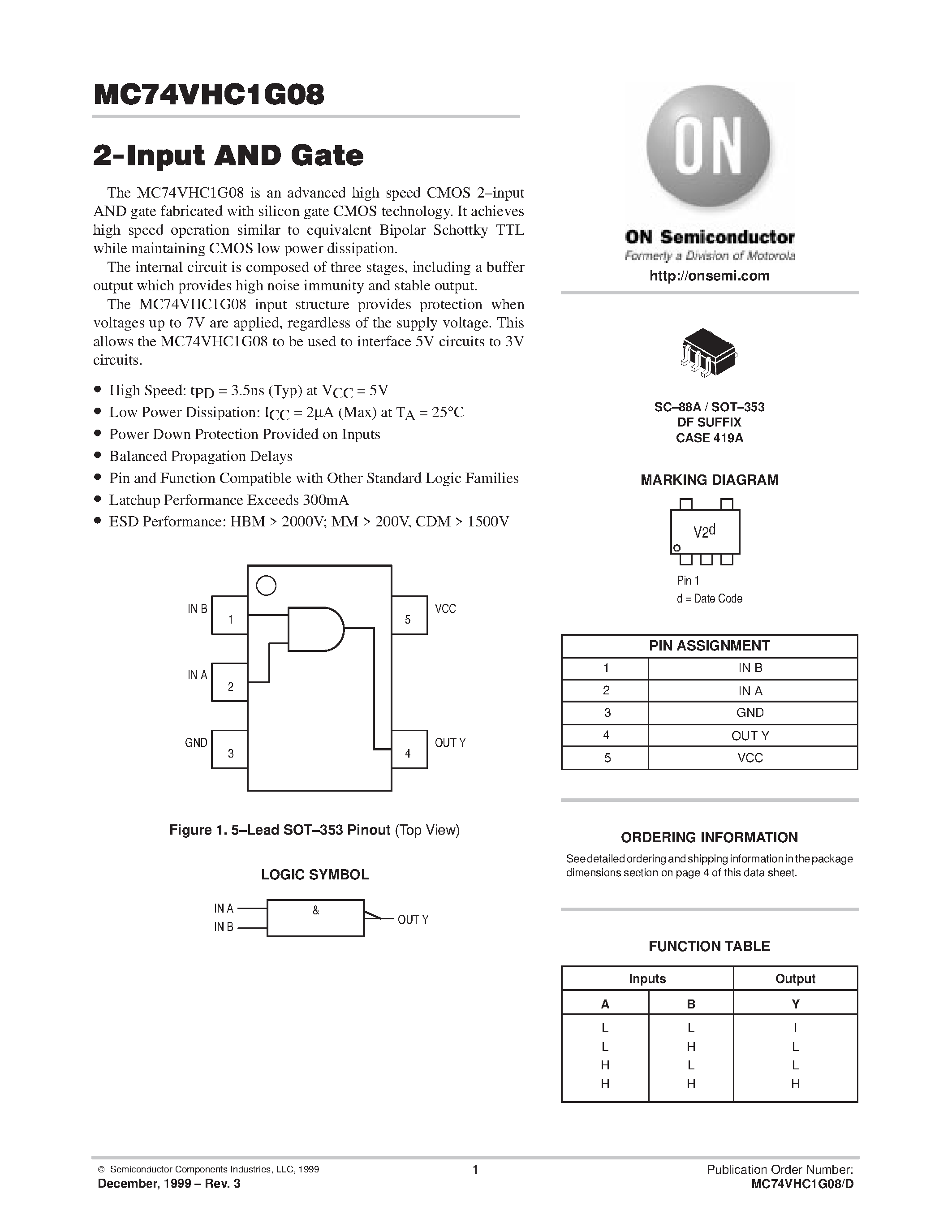 Даташит MC74VHC1G08 - 2-Input AND Gate страница 1