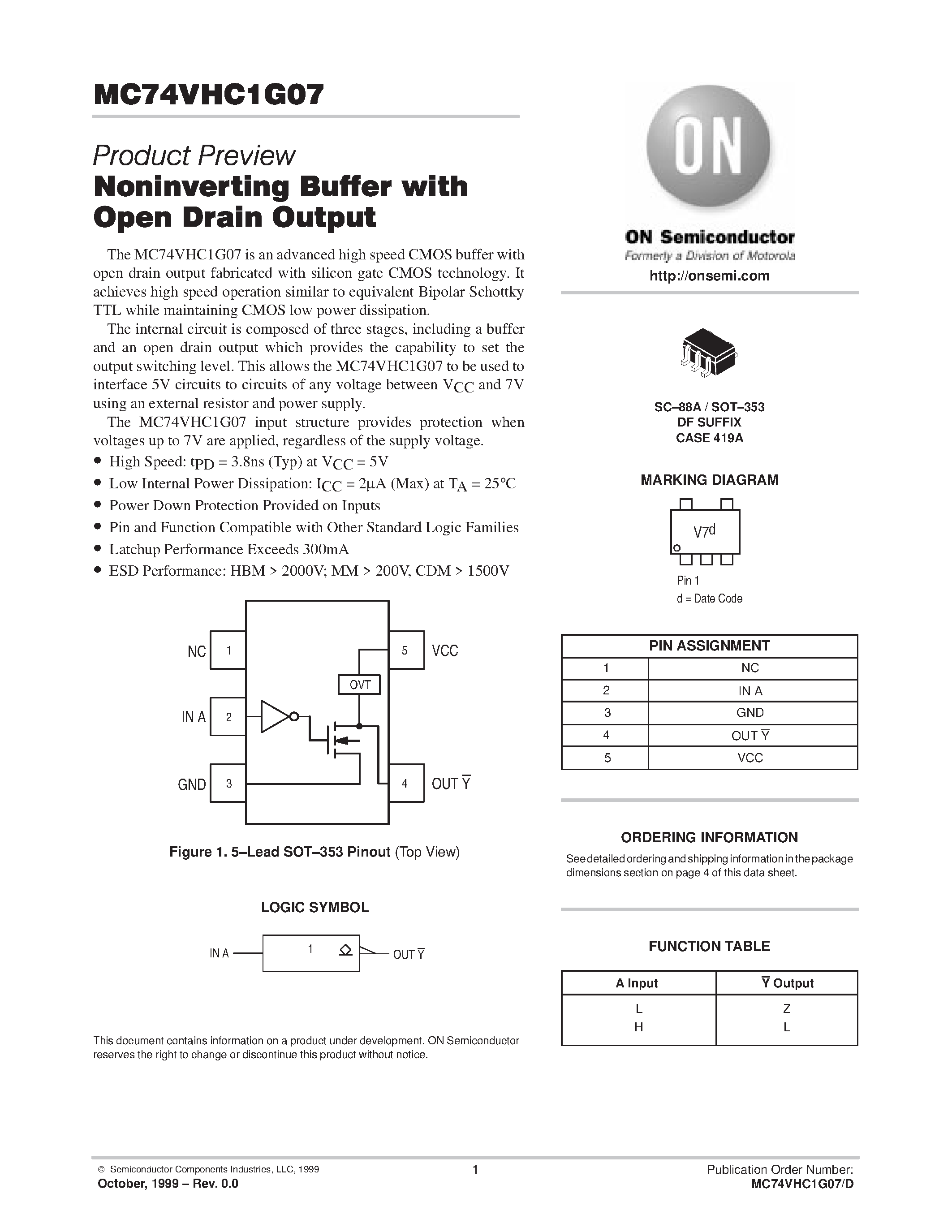 Даташит MC74VHC1G07 - Noninverting Buffer with Open Drain Output страница 1