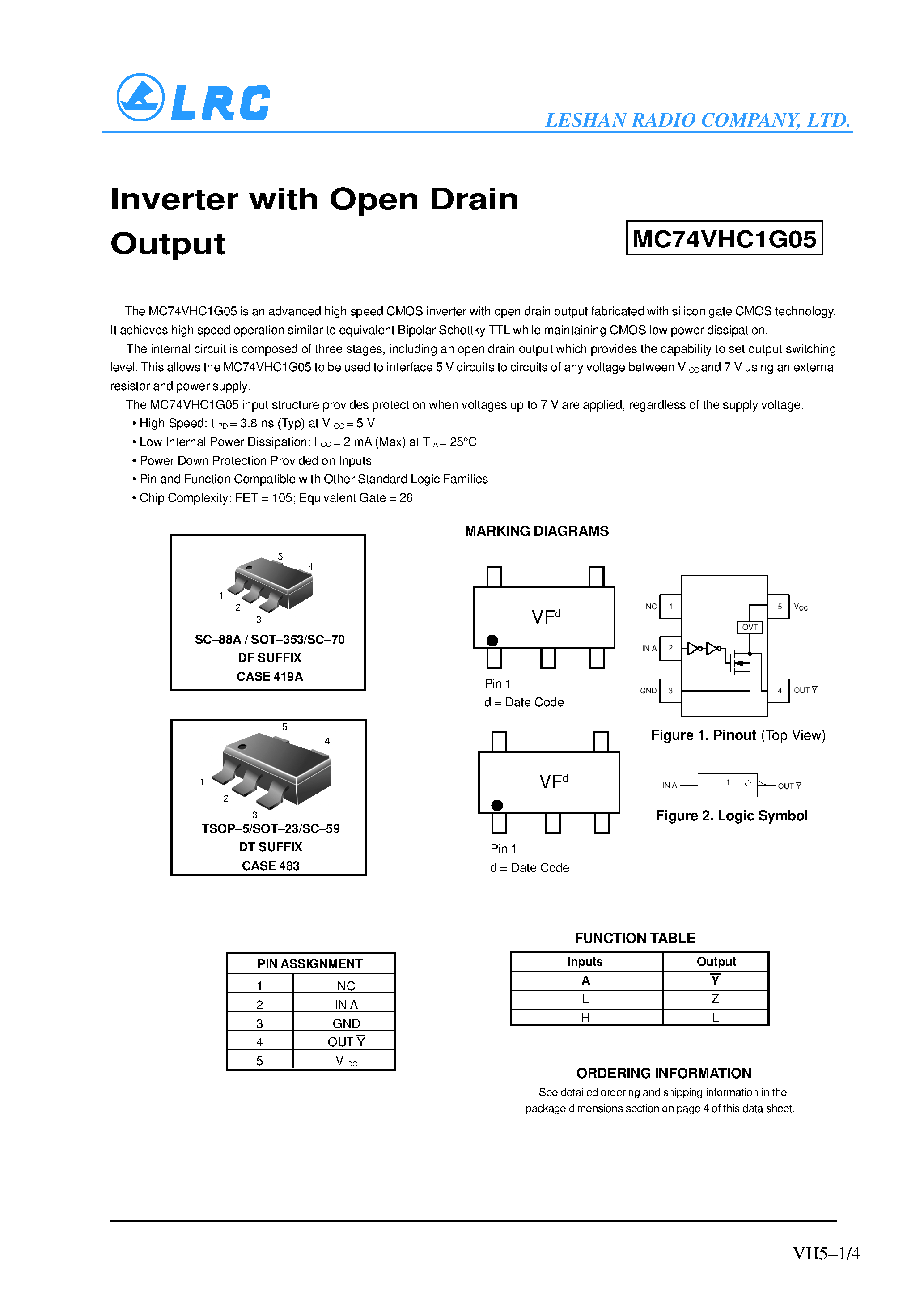 Даташит MC74VHC1G05 - Inverter with Open Drain Output страница 1