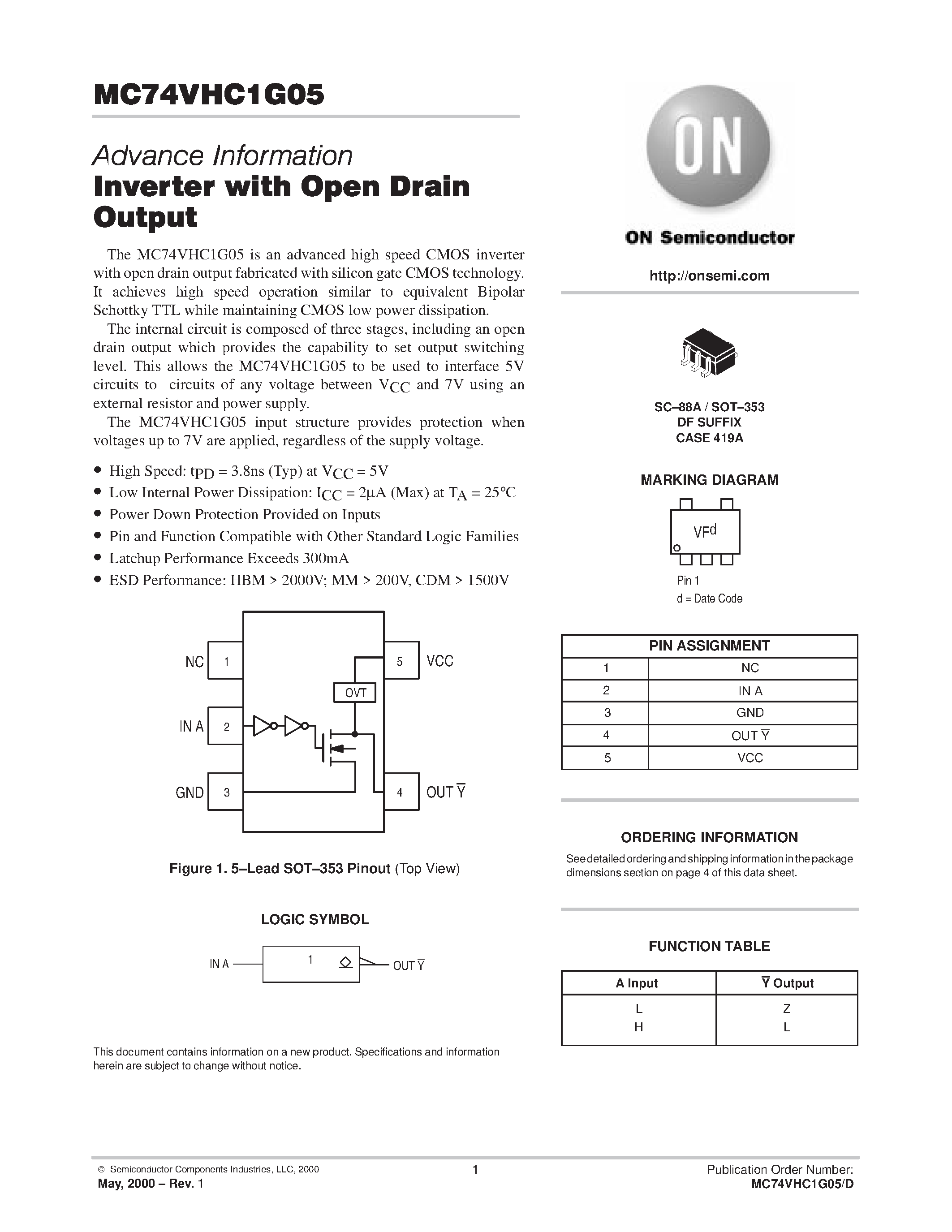 Даташит MC74VHC1G05 - Inverterwith Open Drain Output страница 1