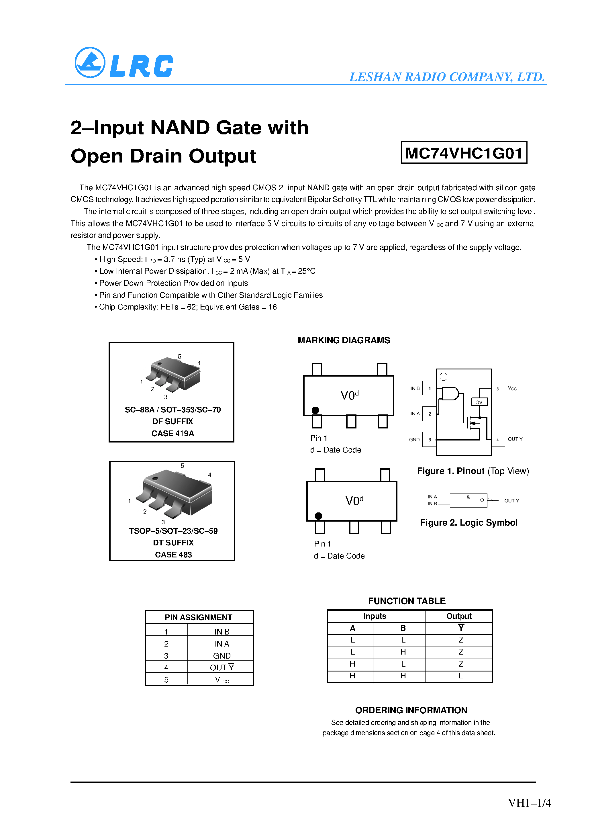 Даташит MC74VHC1G01 - 2-Input NAND Gate with Open Drain Output страница 1