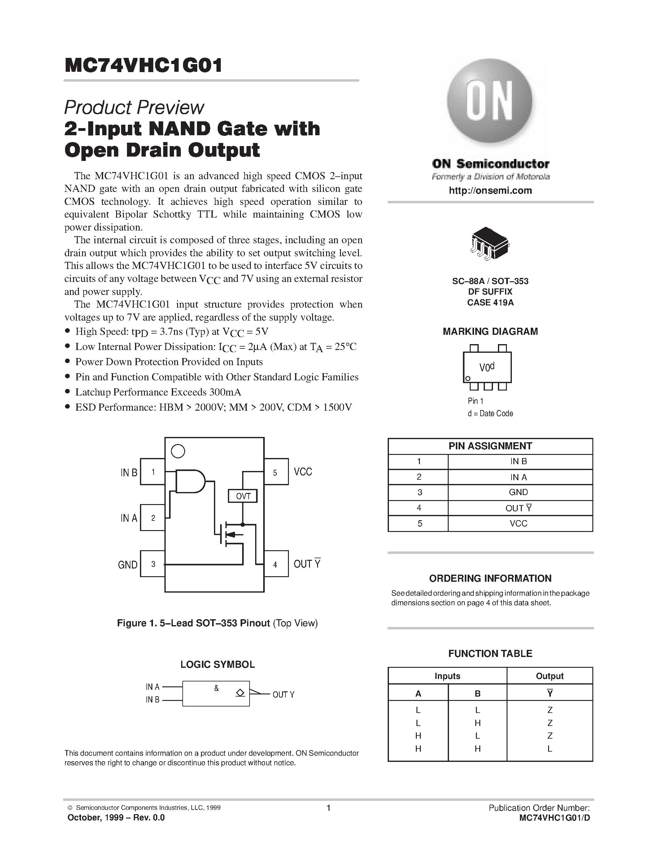 Даташит MC74VHC1G01 - 2-Input NAND Gate with Open Drain Output страница 1