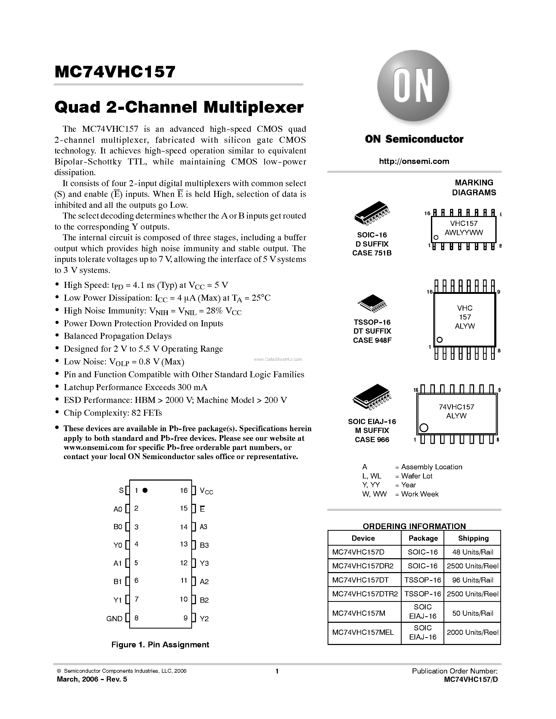 Даташит MC74VHC157 - Quad 2-Channel Multiplexer страница 1