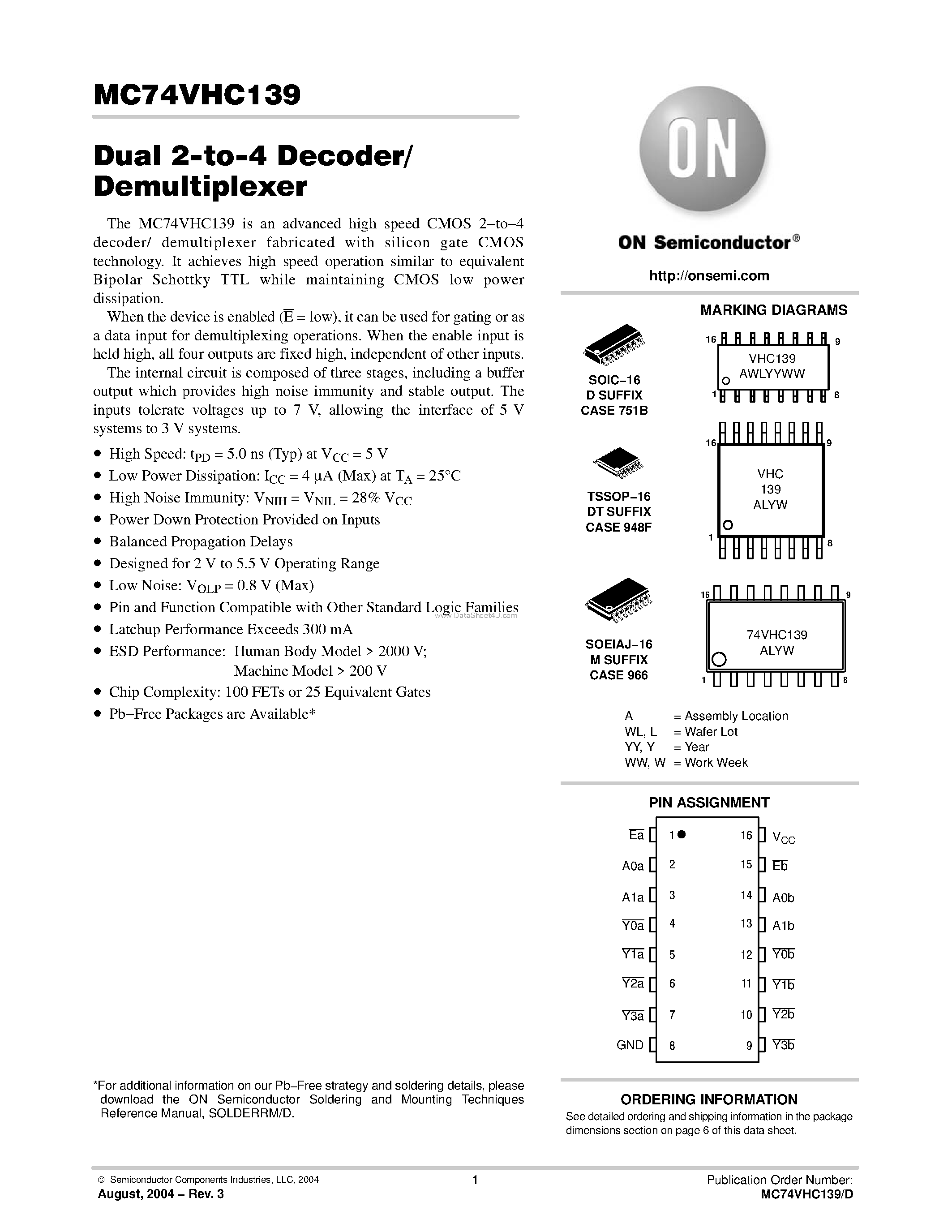 Даташит MC74VHC139 - Dual 2-to-4 Decoder/Demultiplexer страница 1