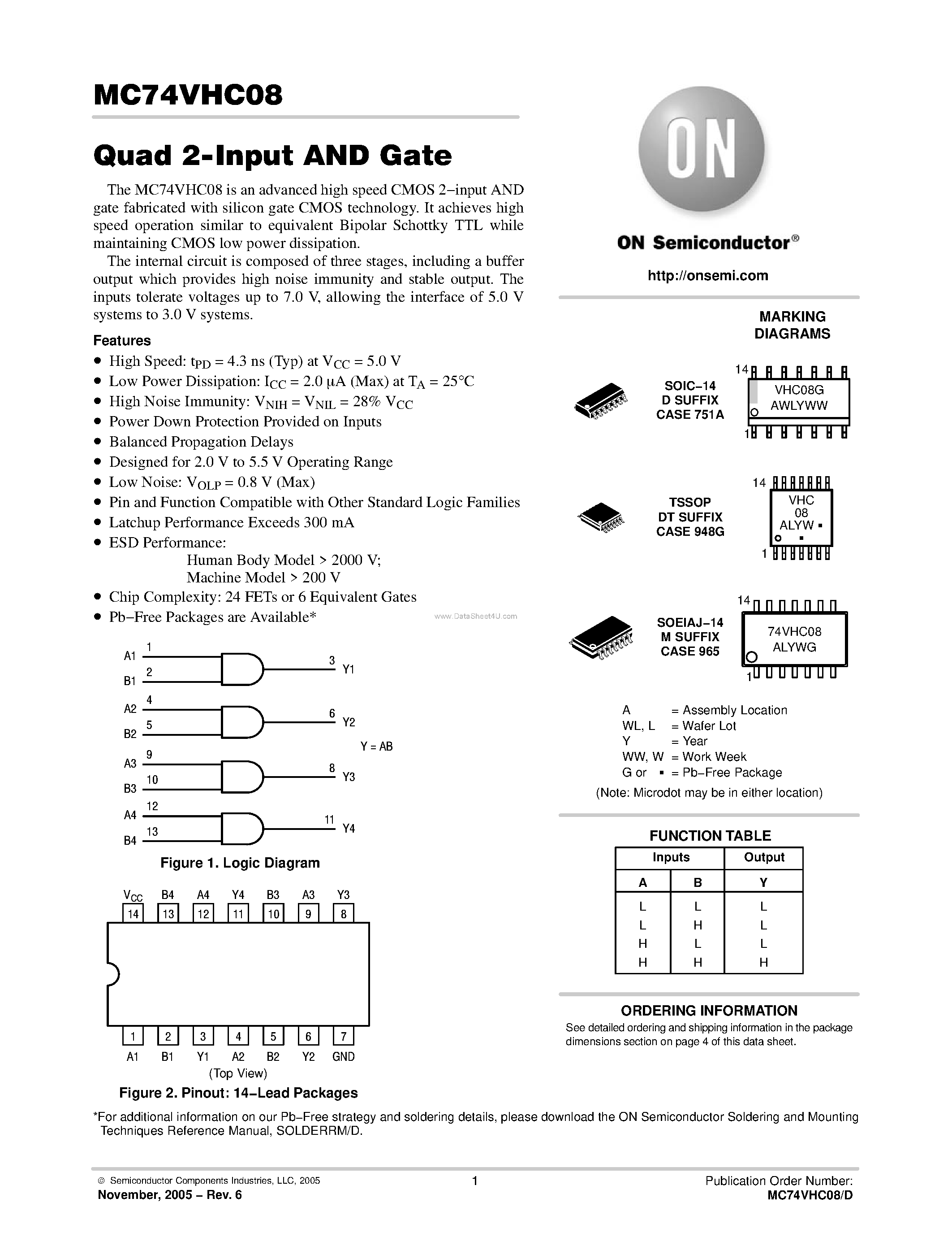 Даташит MC74VHC08 - Quad 2-Input AND Gate страница 1