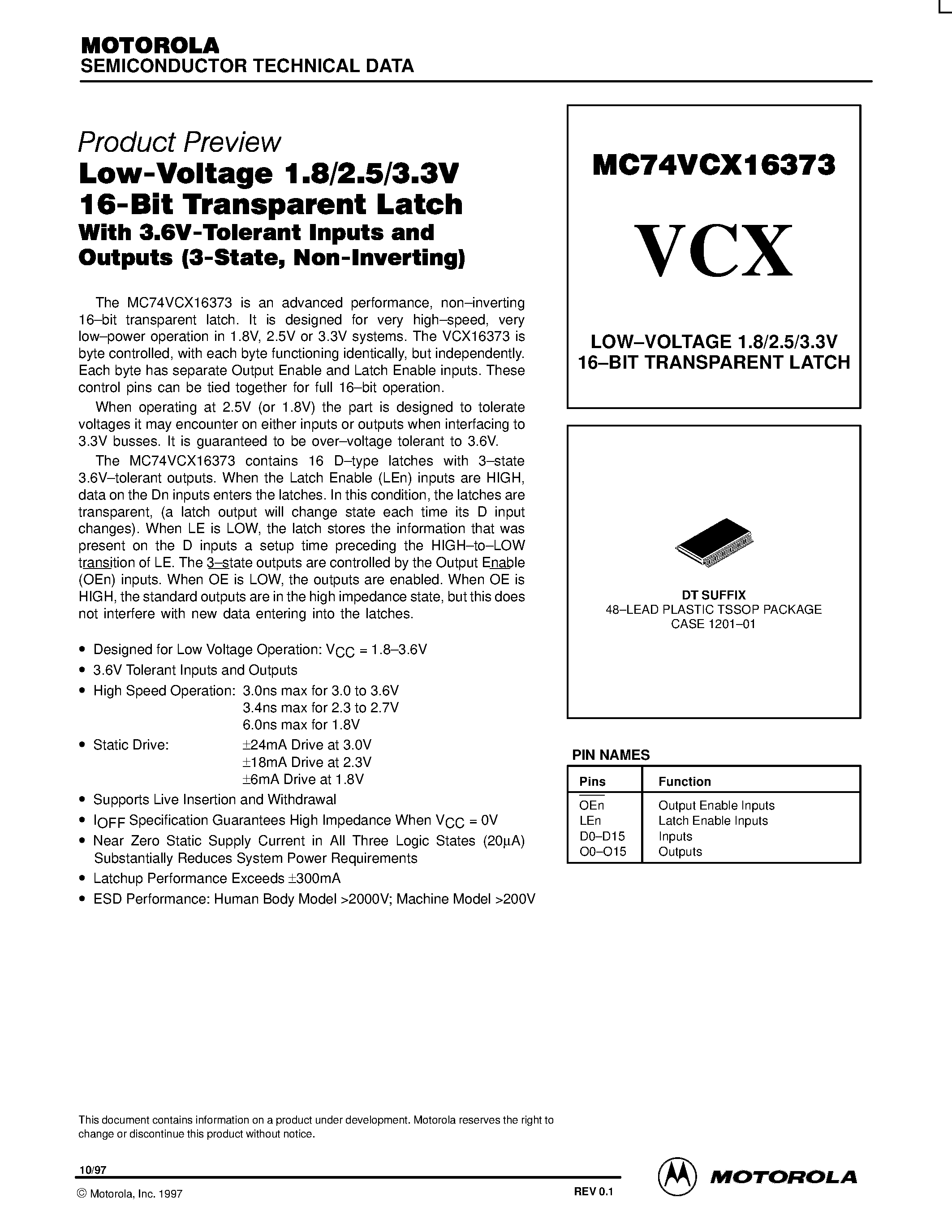 Даташит MC74VCX16373 - LOW-VOLTAGE 1.8/2.5/3.3V 16-BIT TRANSPARENT LATCH страница 1