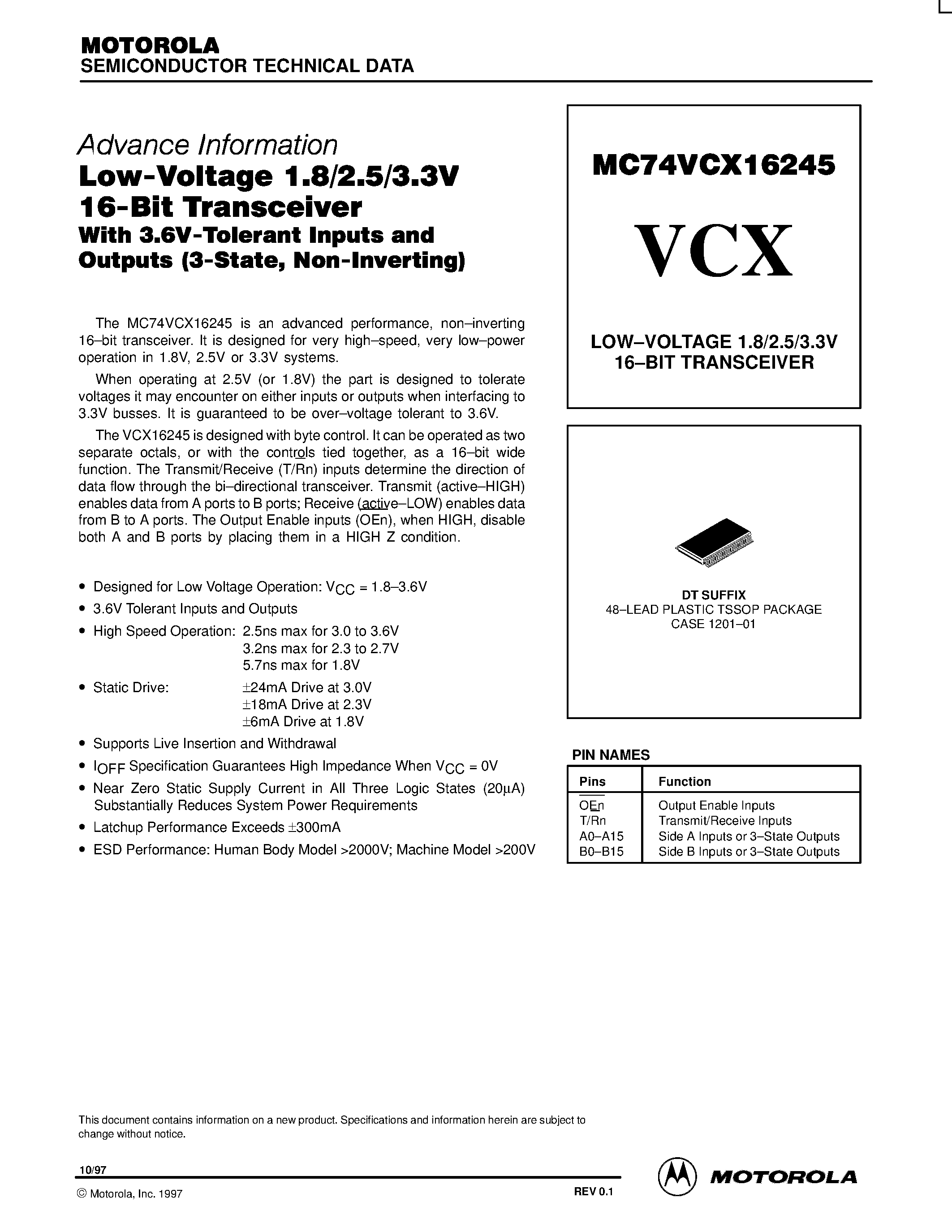 Даташит MC74VCX16245 - LOW-VOLTAGE 1.8/2.5/3.3V 16-BIT TRANSCEIVER страница 1