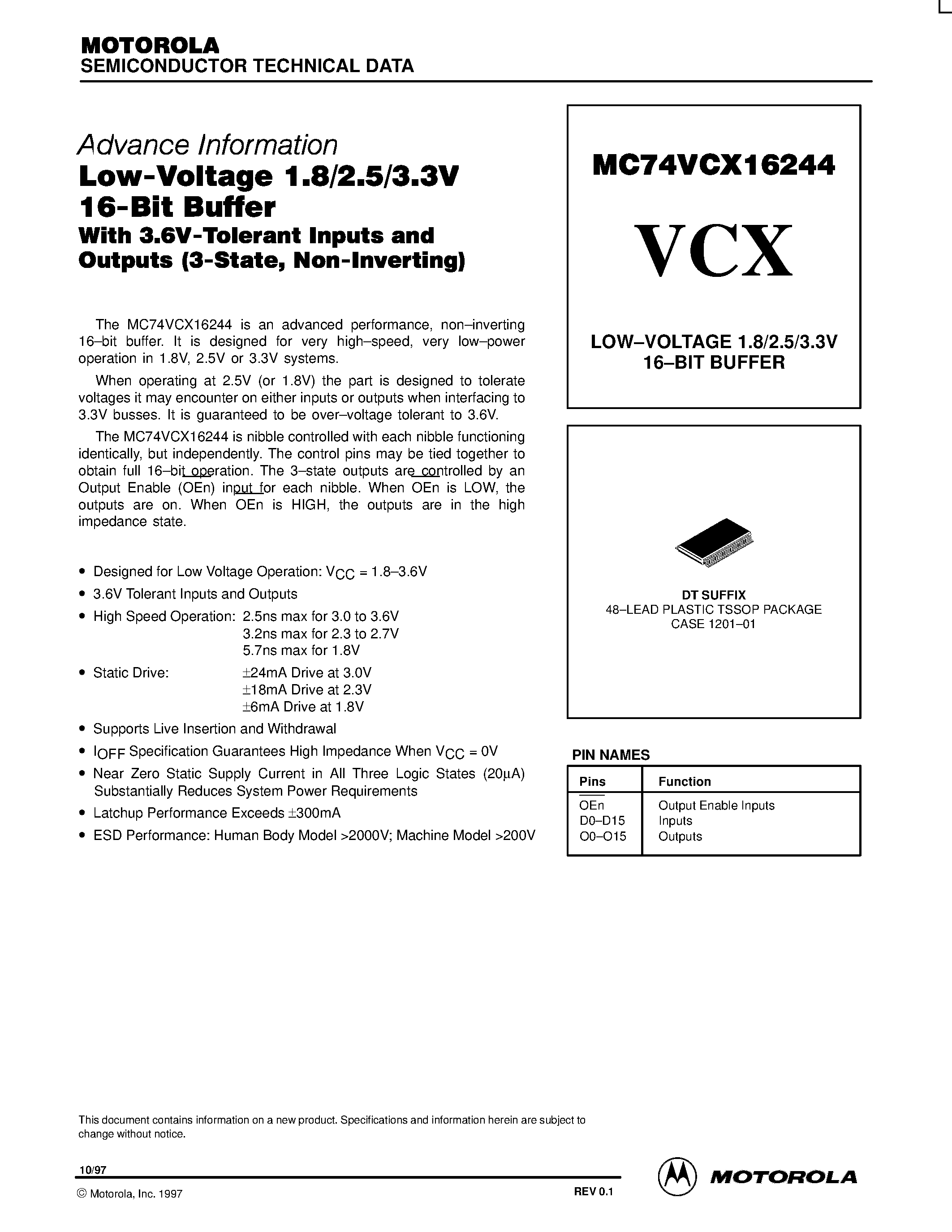 Даташит MC74VCX16244 - LOW-VOLTAGE 1.8/2.5/3.3V 16-BIT BUFFER страница 1