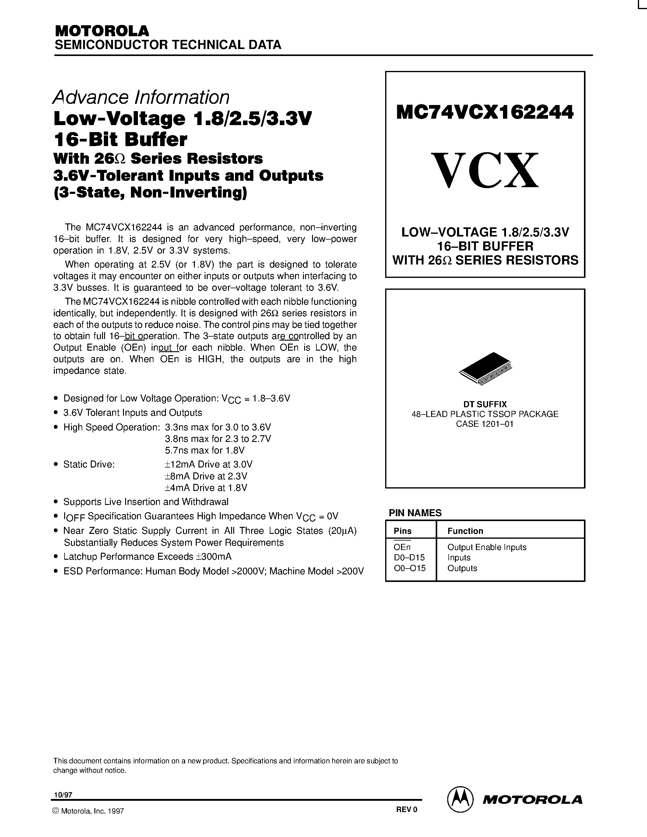 Даташит MC74VCX162244 - LOW-VOLTAGE 1.8/2.5/3.3V 16-BIT BUFFER WITH 26ohm SERIES RESISTORS страница 1