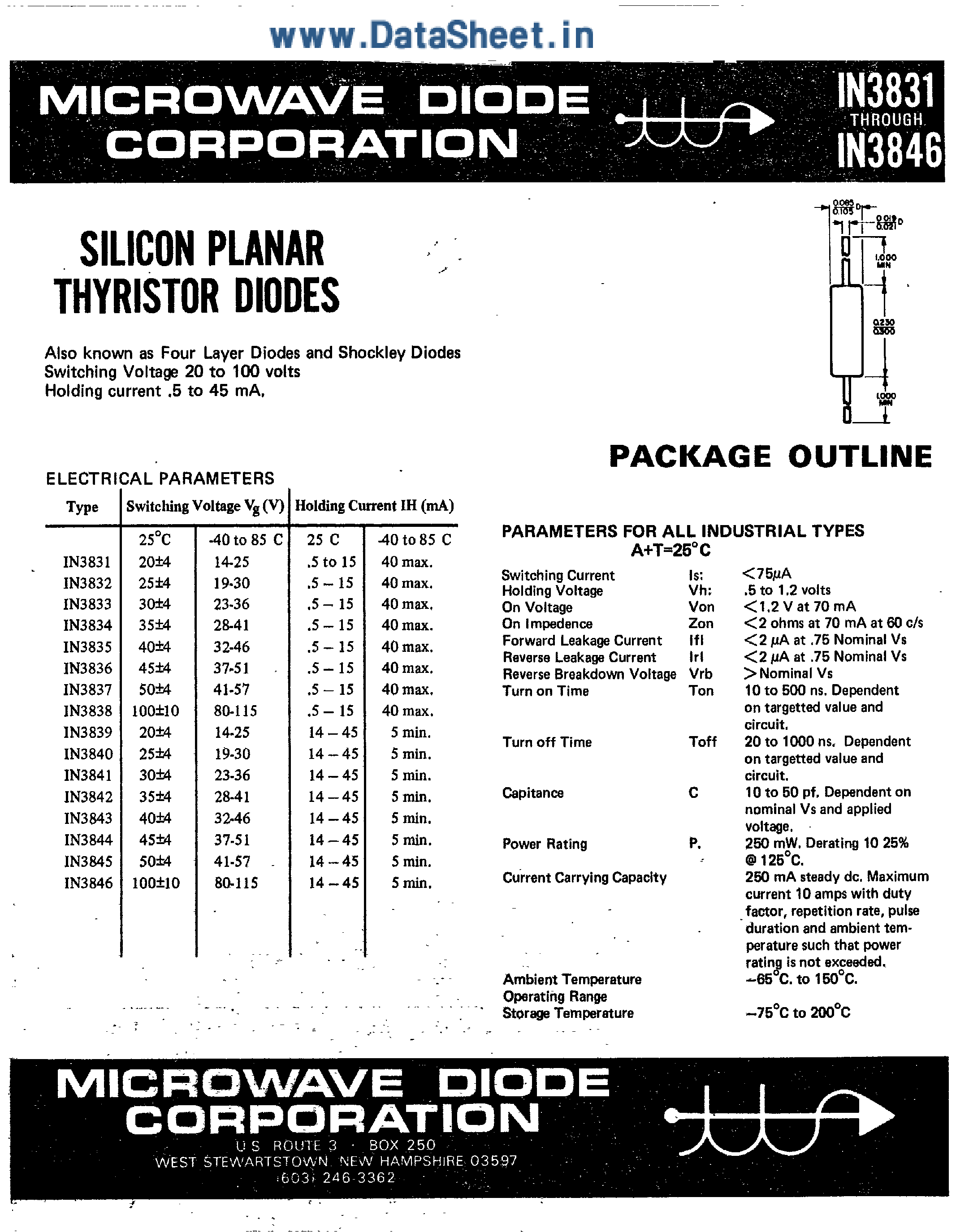 Datasheet 1N3831 - (1N3831 - 1N3846) Silicon Planar Thyristor Diodes page 1