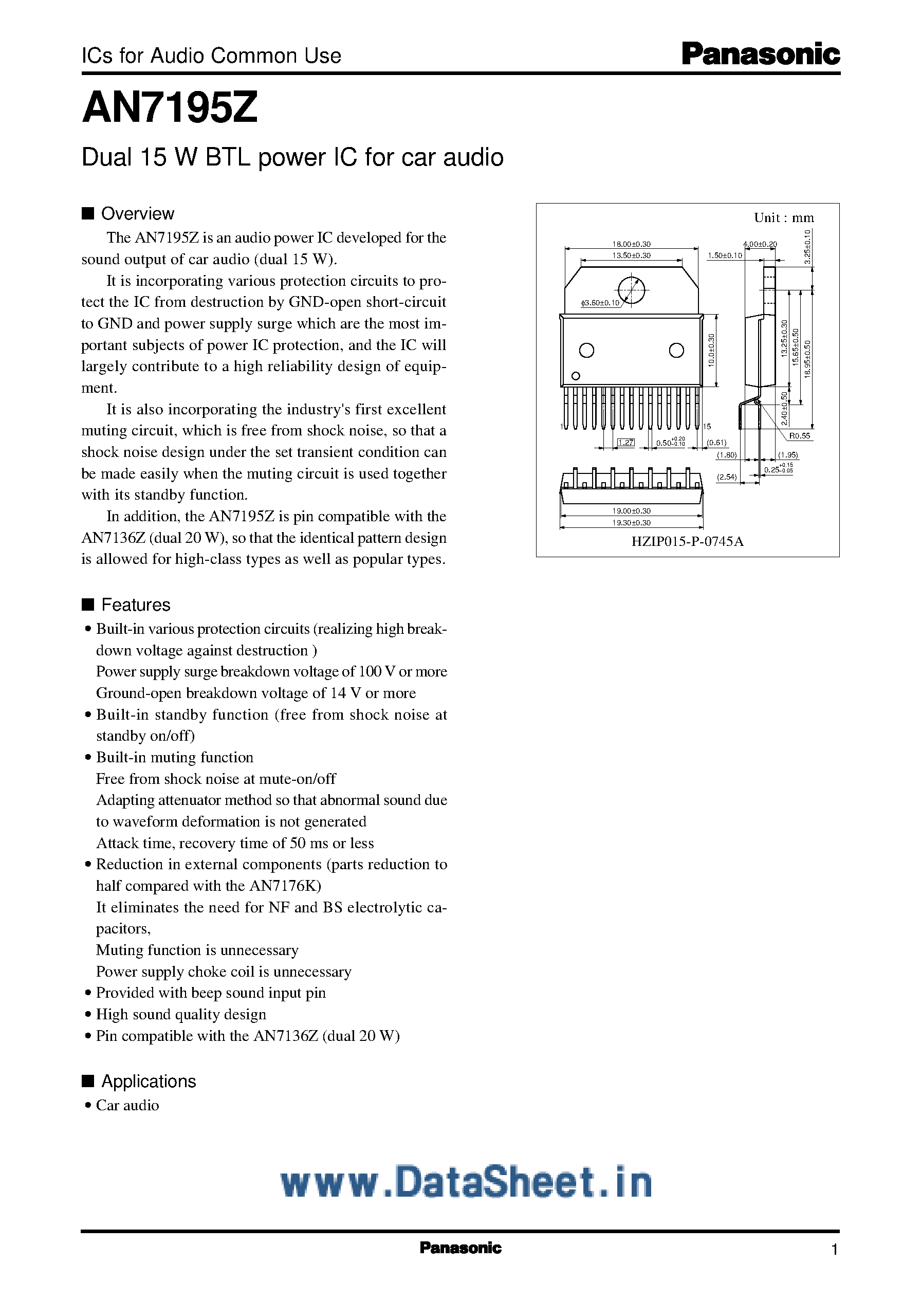 Даташит AN7195Z - Dual 15 W BTL Power ic For Car Audio страница 1