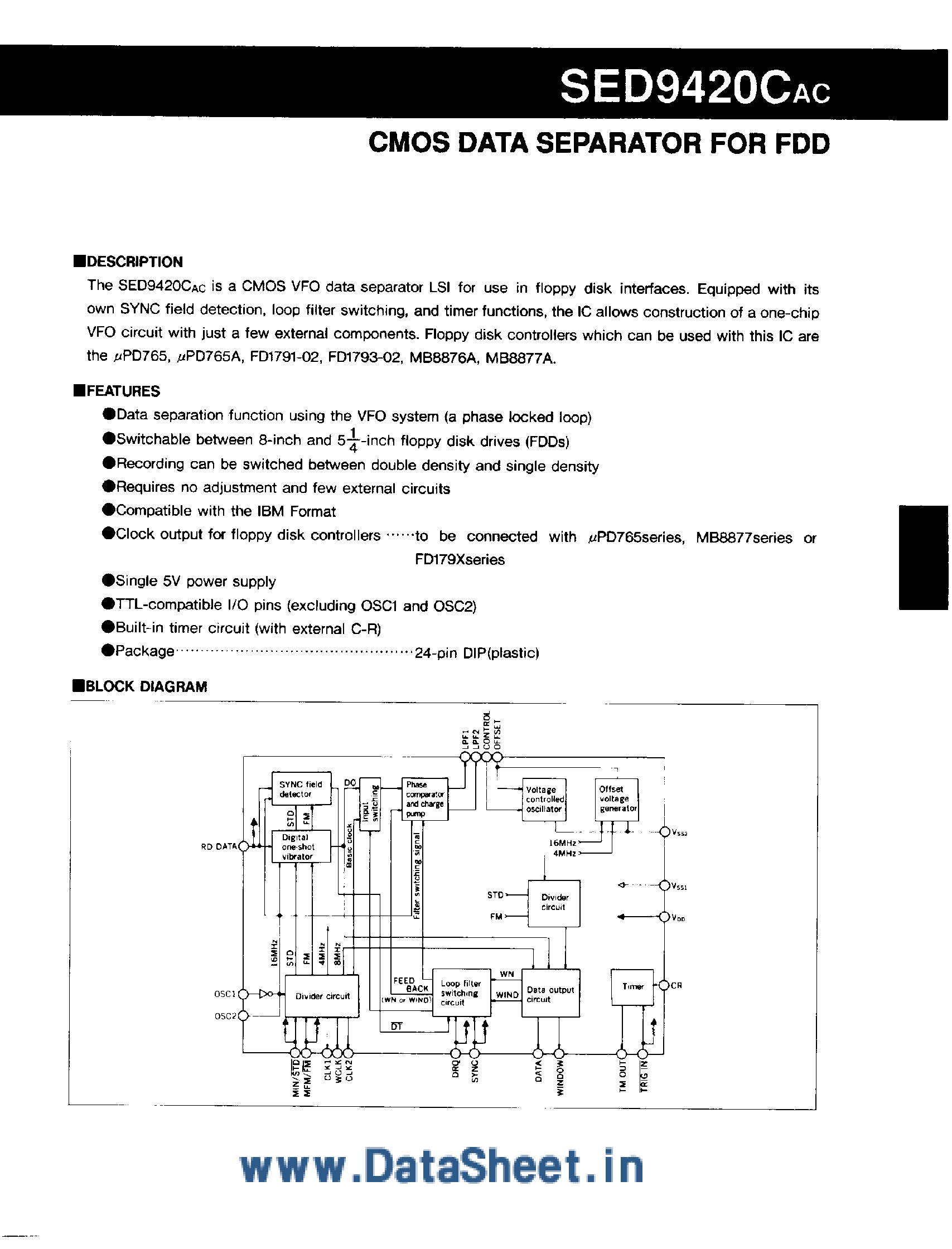 Datasheet SED9420CAC - CMOS Data Separator for FDD page 1