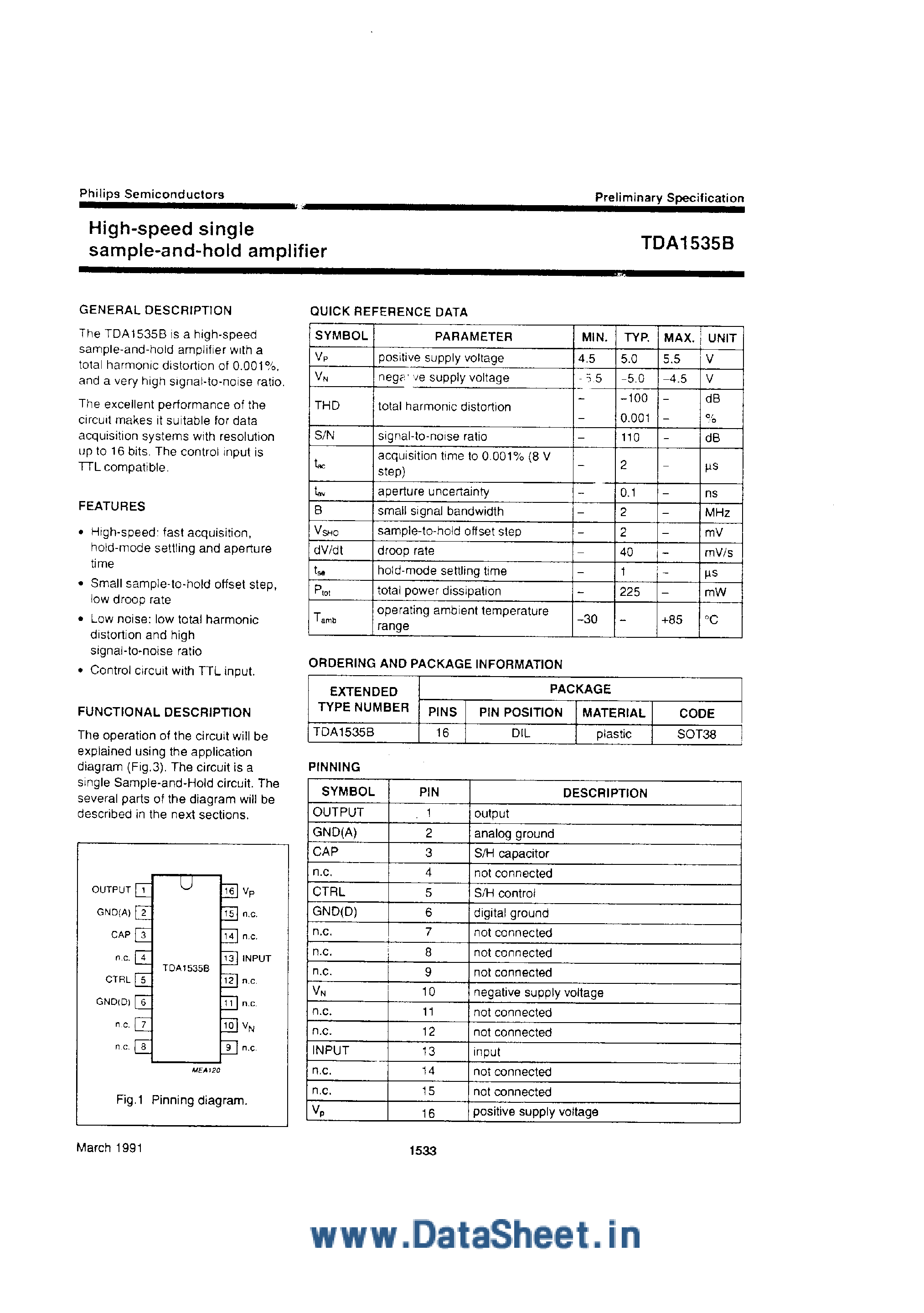 Даташит TDA1535B - High Speed Single Sample and Hold Amplifier страница 1