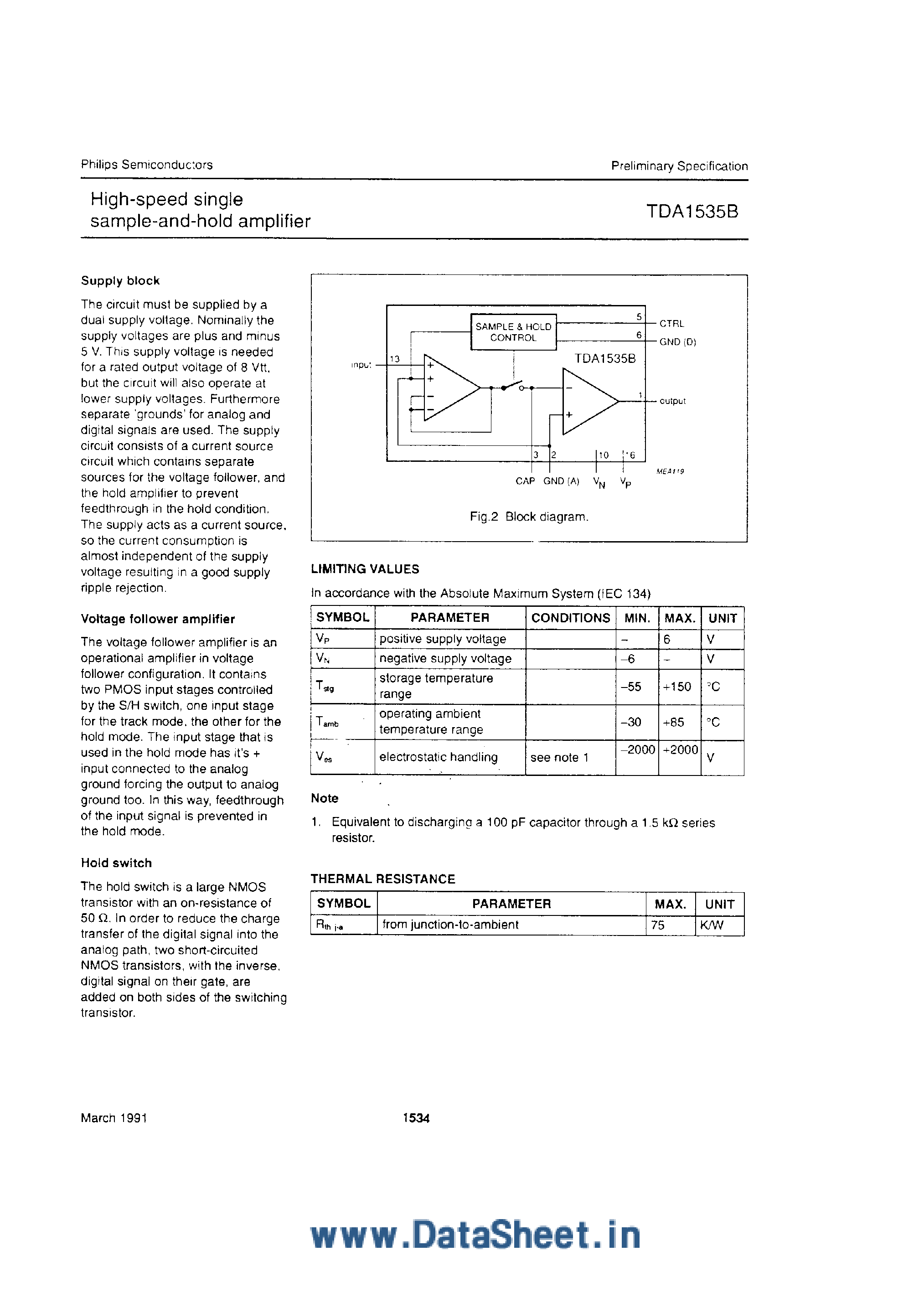 Даташит TDA1535B - High Speed Single Sample and Hold Amplifier страница 2