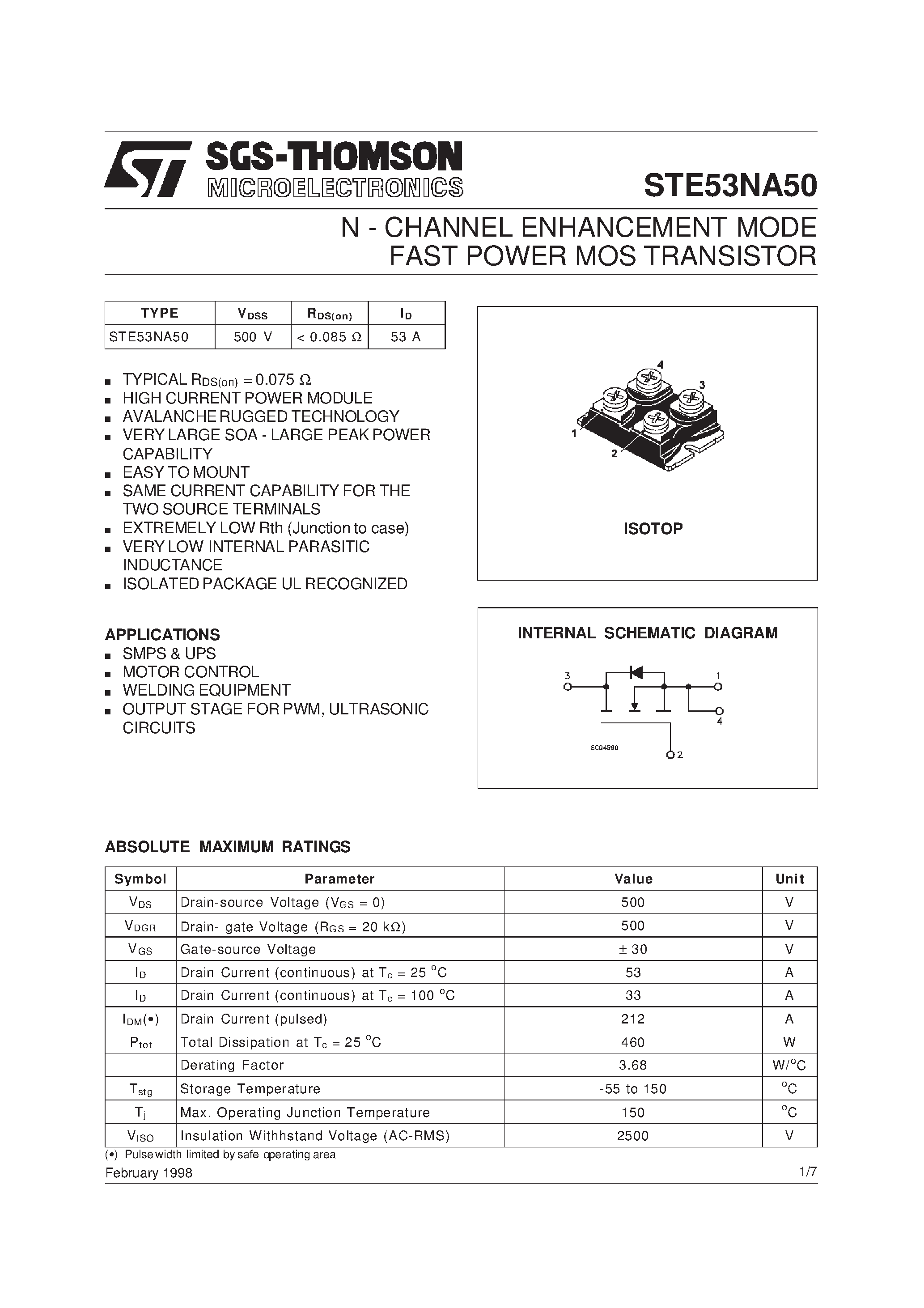 Datasheet STE53NA50 - N - CHANNEL ENHANCEMENT MODE FAST POWER MOS TRANSISTOR page 1
