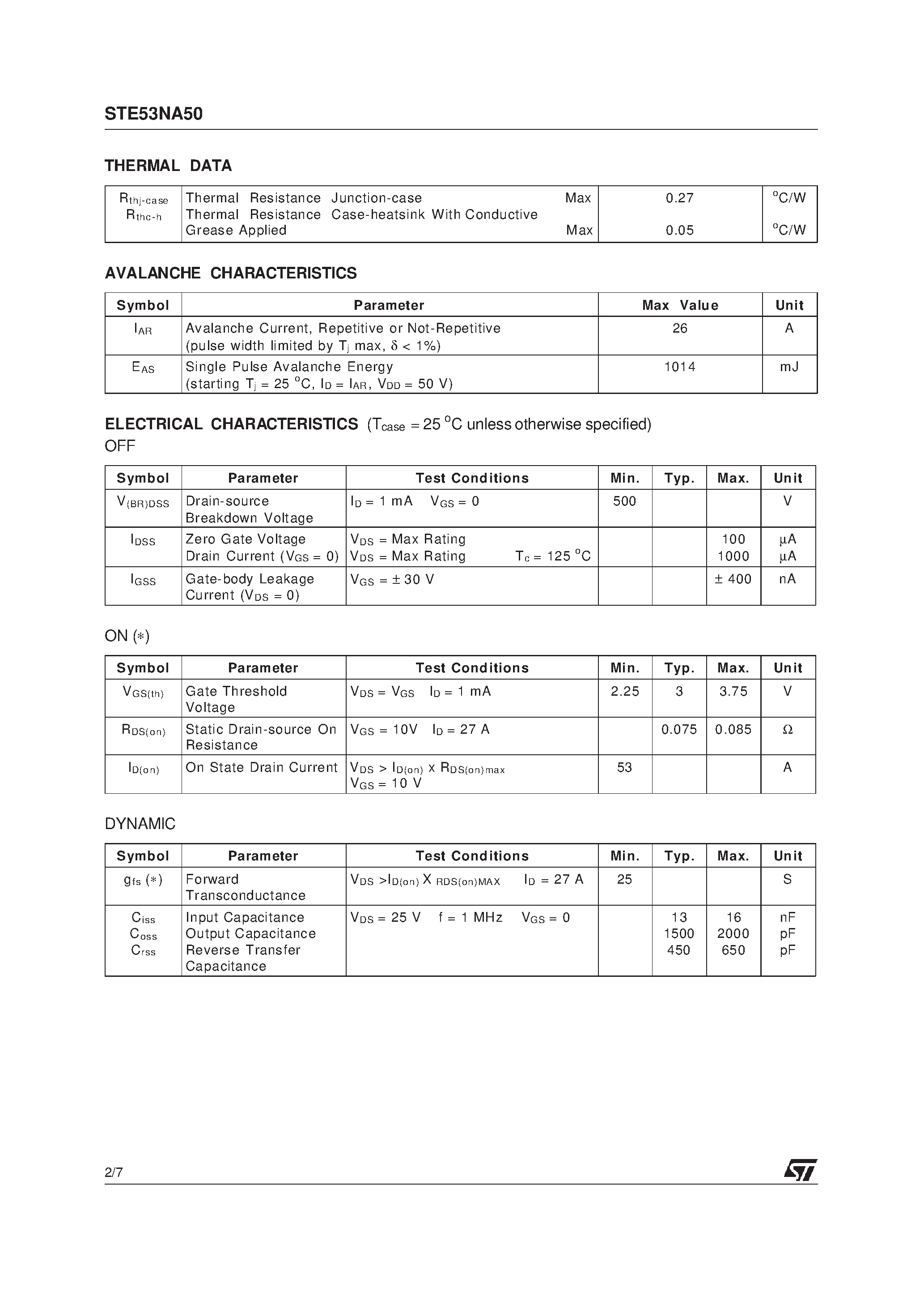 Datasheet STE53NA50 - N - CHANNEL ENHANCEMENT MODE FAST POWER MOS TRANSISTOR page 2