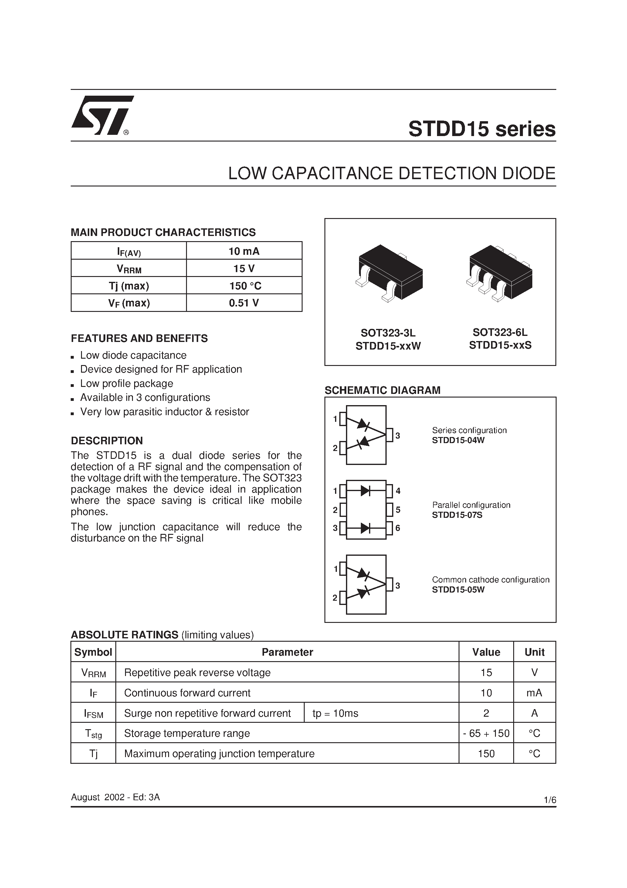 Даташит STDD15 - LOW CAPACITANCE DETECTION DIODE страница 1