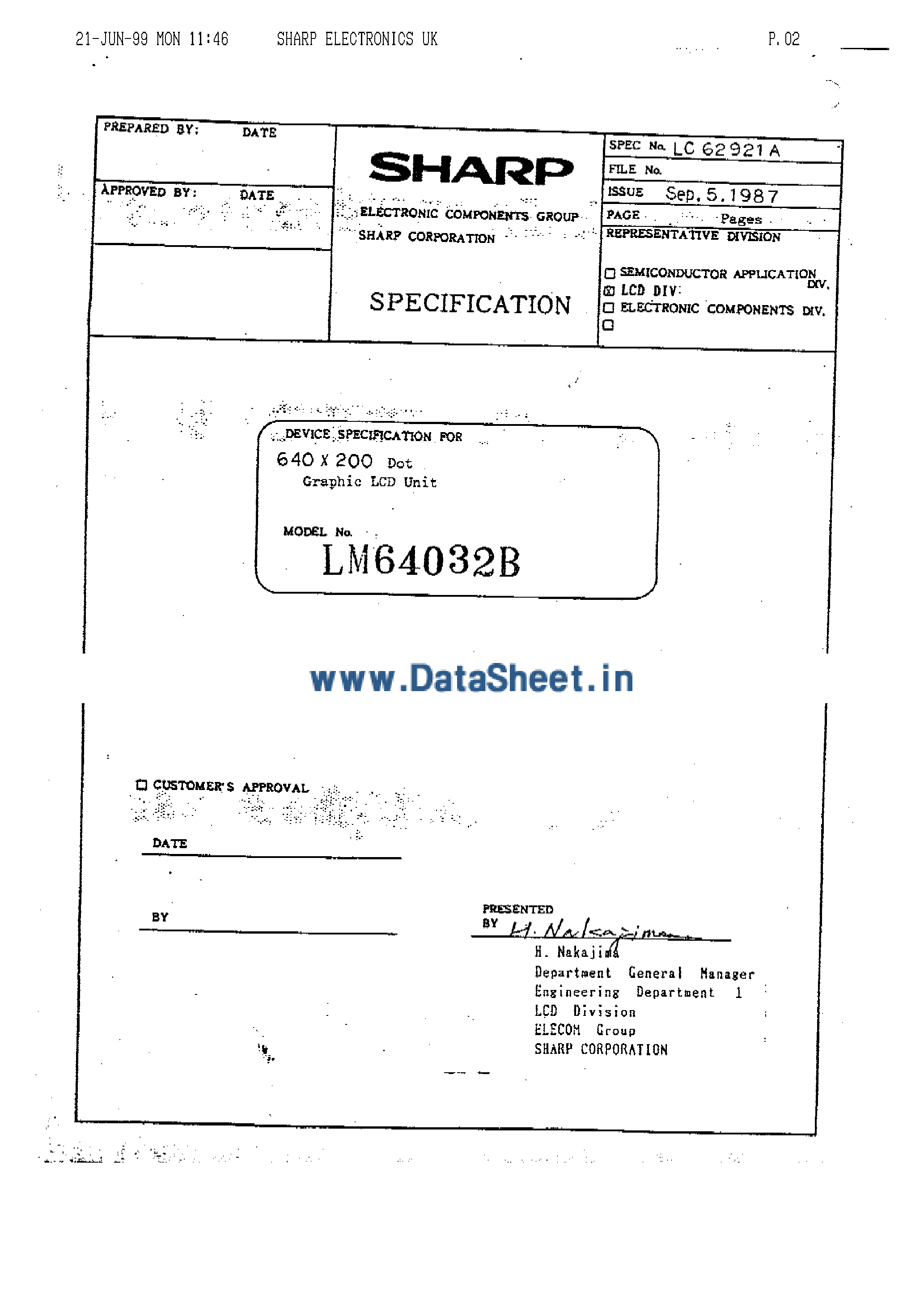 Datasheet LM64032B - 640 x 200 Dot Graphic LCD Unit page 2