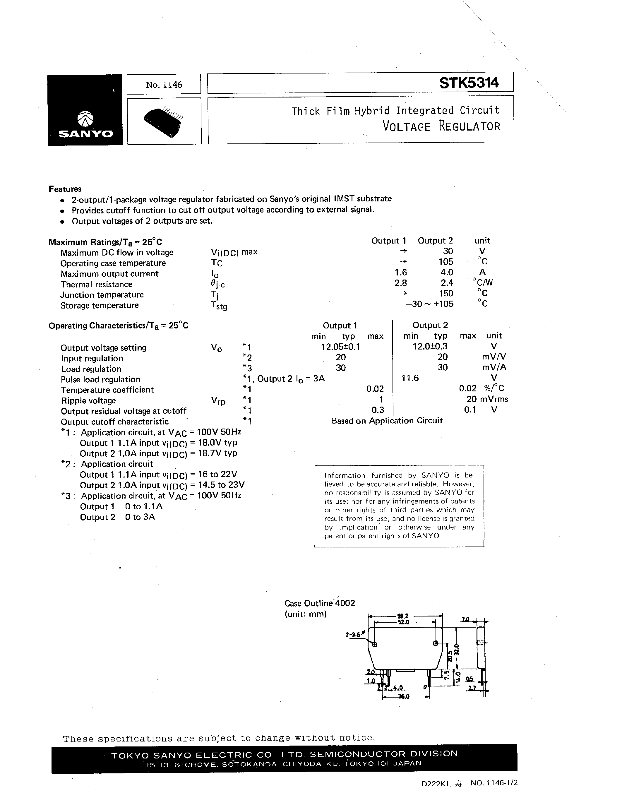 Datasheet STK5314 - Thick Film Hybrid Integrated Circuit VOLTAGE REGULATOR page 1