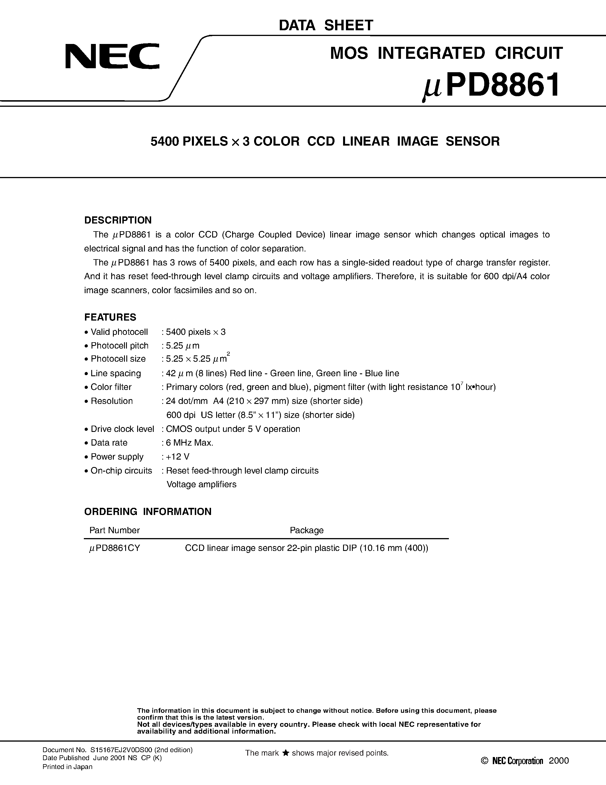 Даташит UPD8861 - 5400 PIXELS X 3 COLOR CCD LINEAR IMAGE SENSOR страница 1