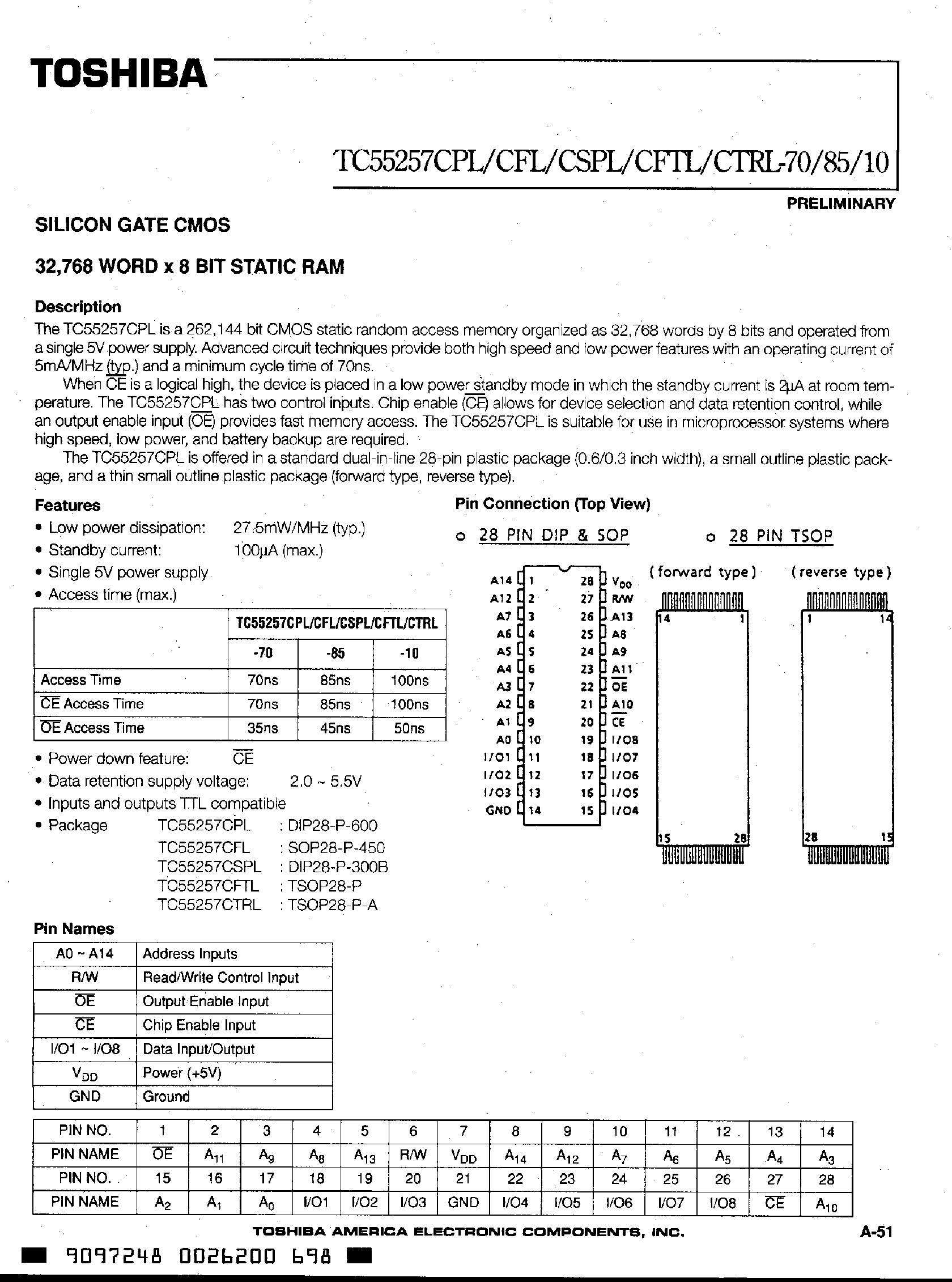 Datasheet TC55257CFL - (TC55257xxx) Silicon Gate CMOS page 1