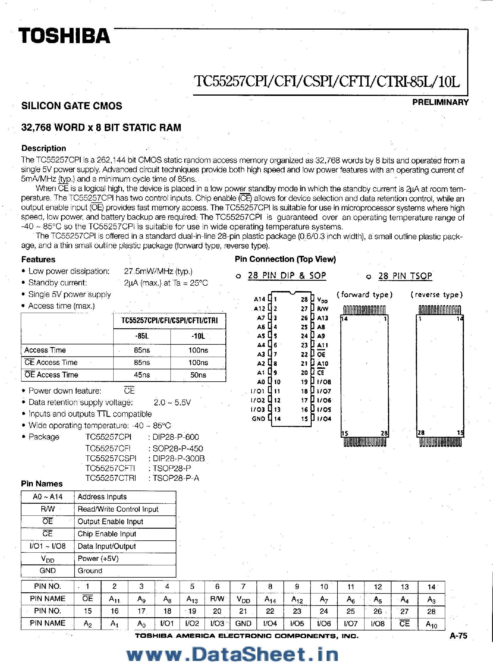 Datasheet TC55257CFI - (TC55257xxx) Silicon Gate CMOS page 1