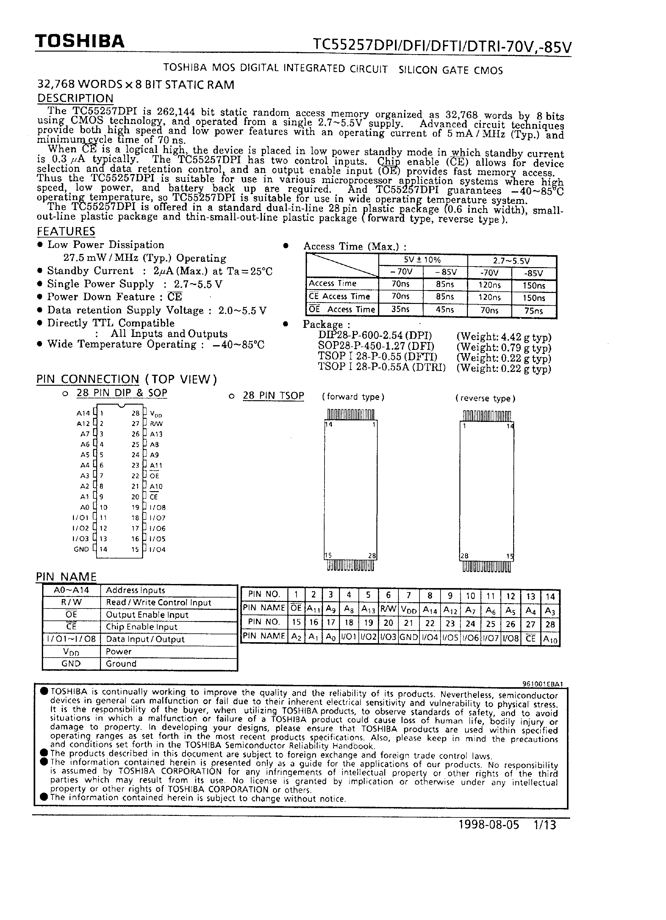 Datasheet TC55257DFI - (TC55257xxx) STATIC RAM page 1