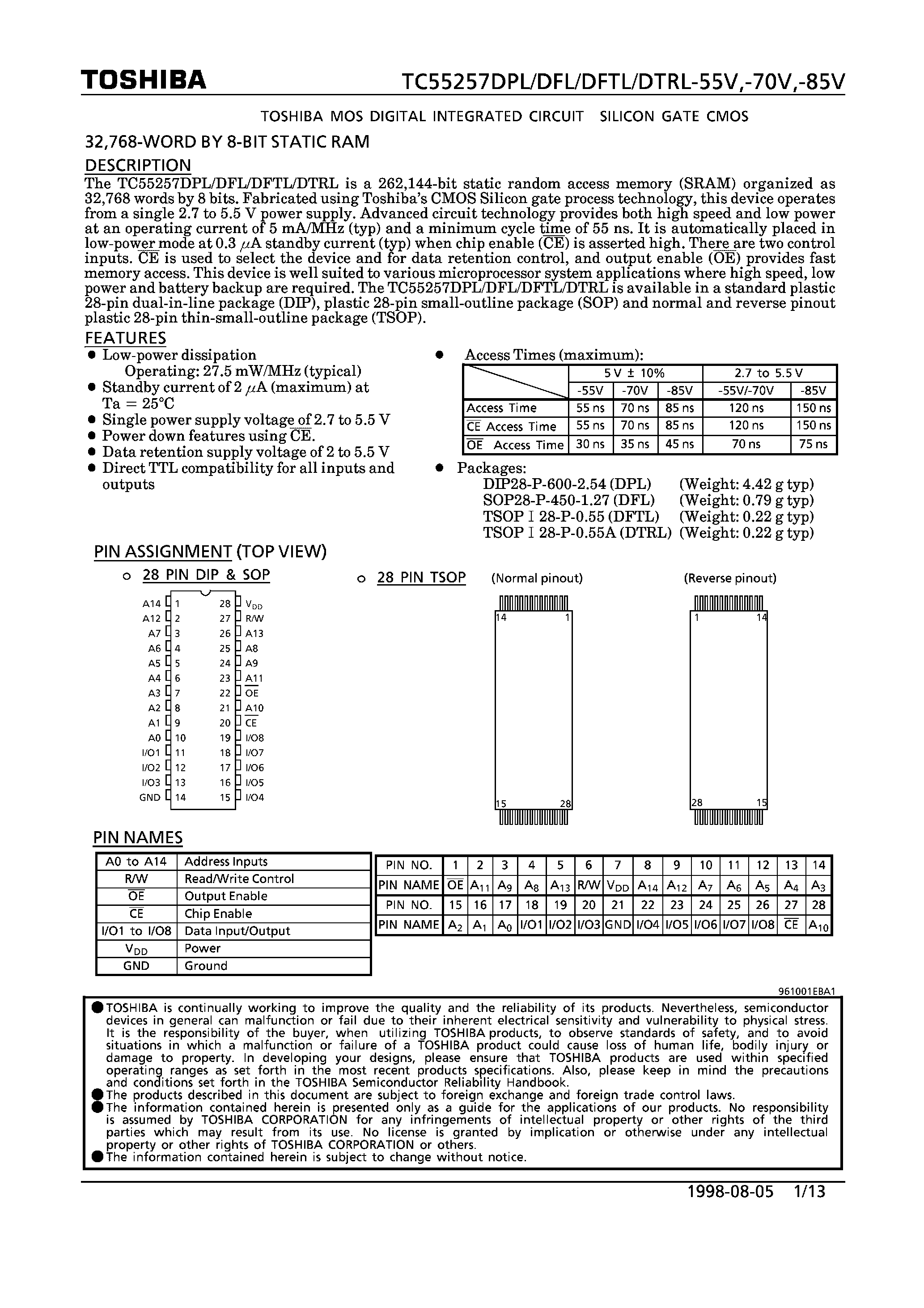 Datasheet TC55257DFL - (TC55257xxx) 32768 WORD-8 BIT STATIC RAM page 1